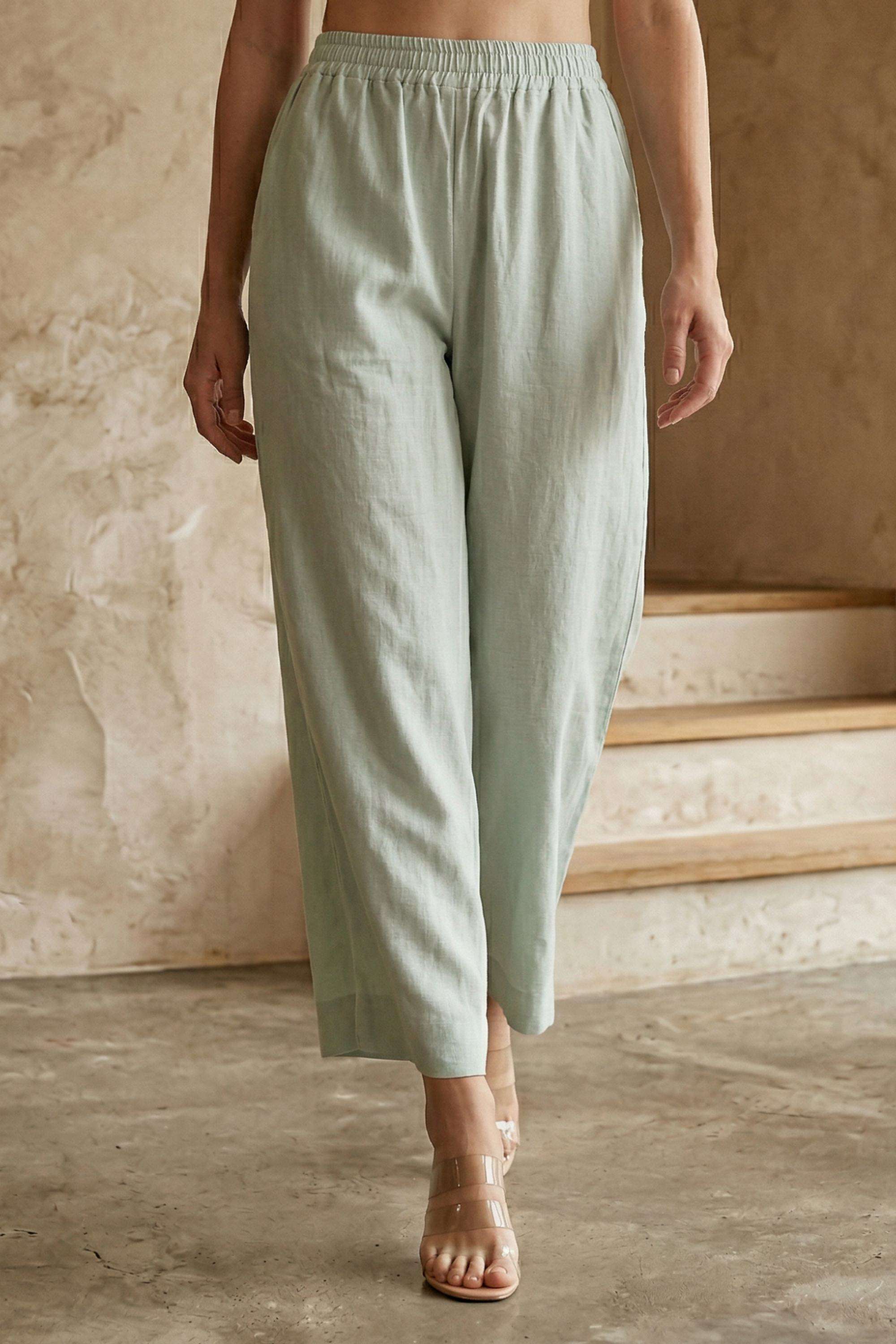 Mid-Rise-Blended-Fabric-Wide-Leg-Fit-Women-s-Pants