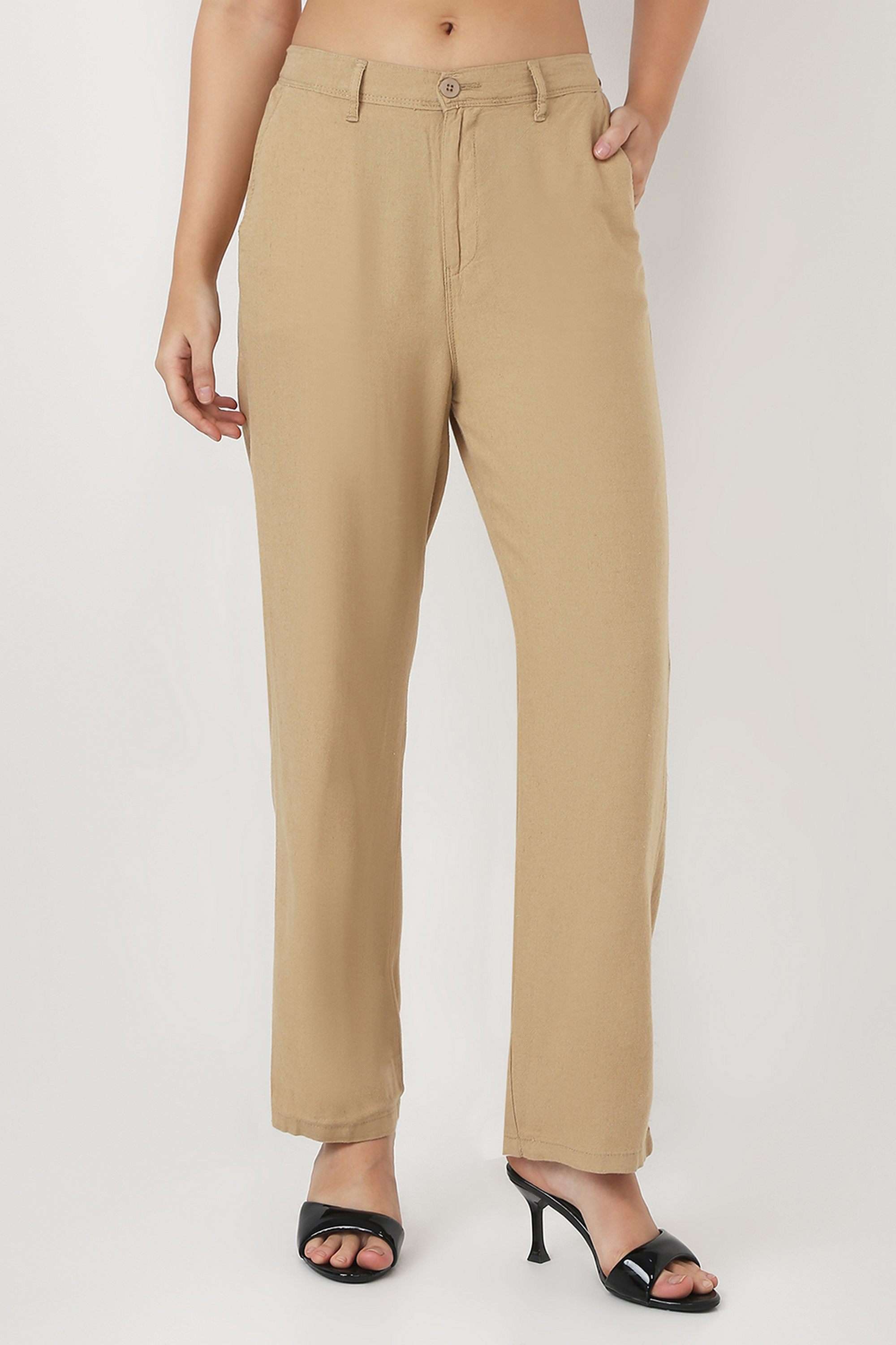 kraus Solid Straight Fit Viscose Linen Blend Women's Casual Wear Trousers-picture-32