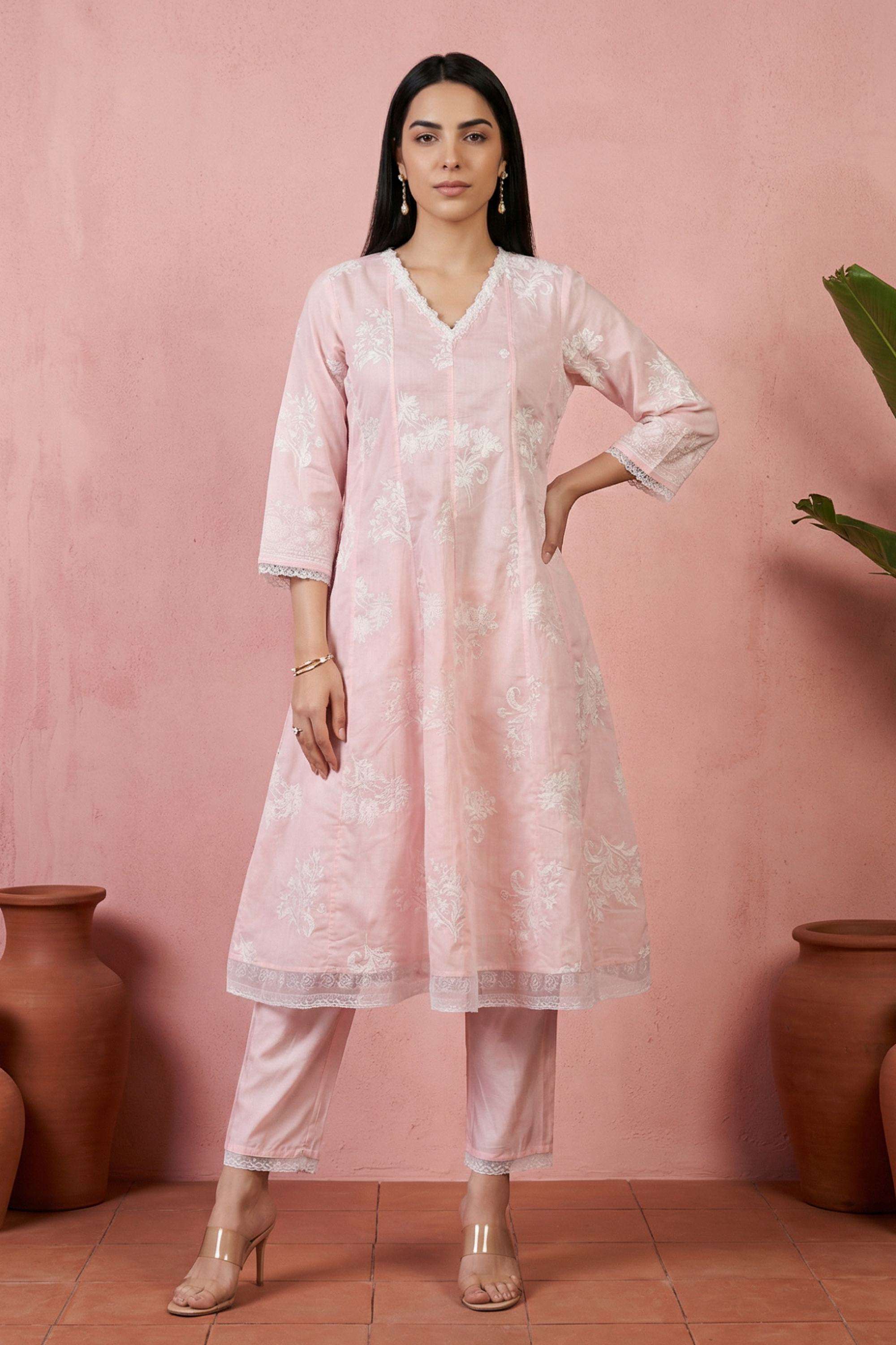 Floral-Chanderi-V-Neck-Women-s-Formal-Wear-Kurta-Set