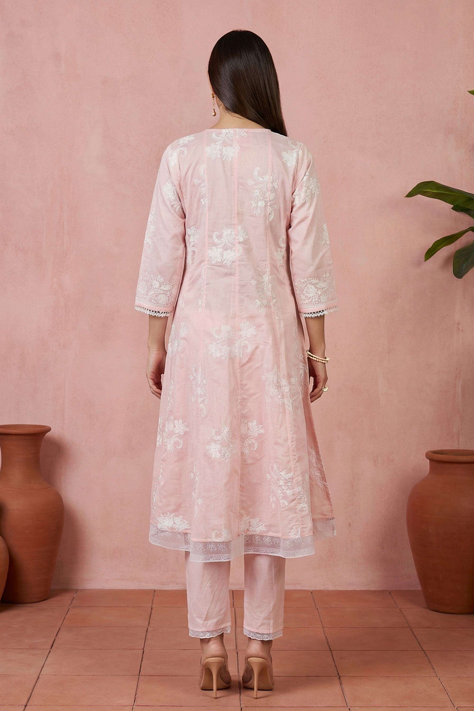 Floral-Chanderi-V-Neck-Women-s-Formal-Wear-Kurta-Set