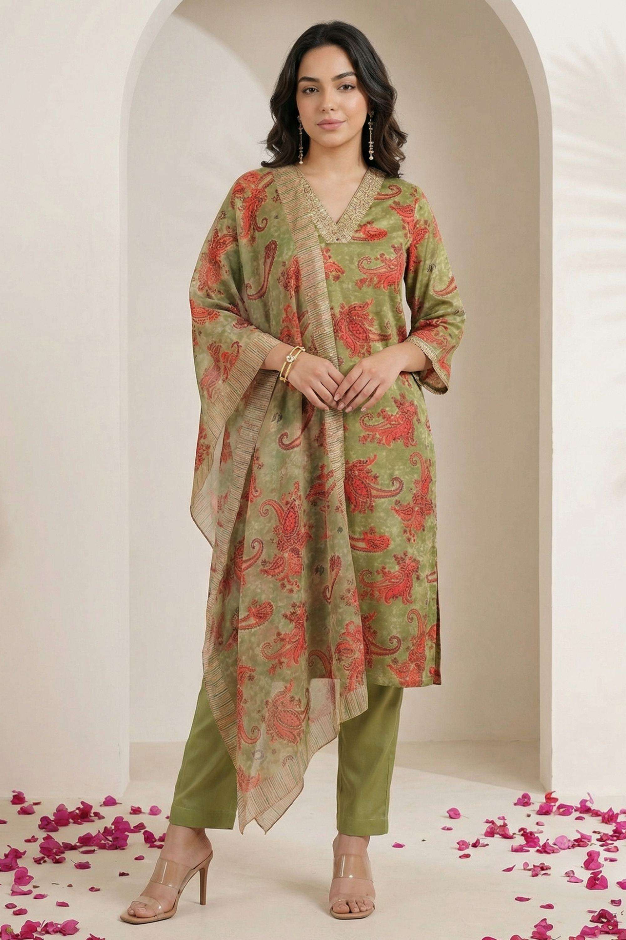Textured-Blended-Fabric-V-Neck-Women-s-Festive-Wear-Kurta-Set