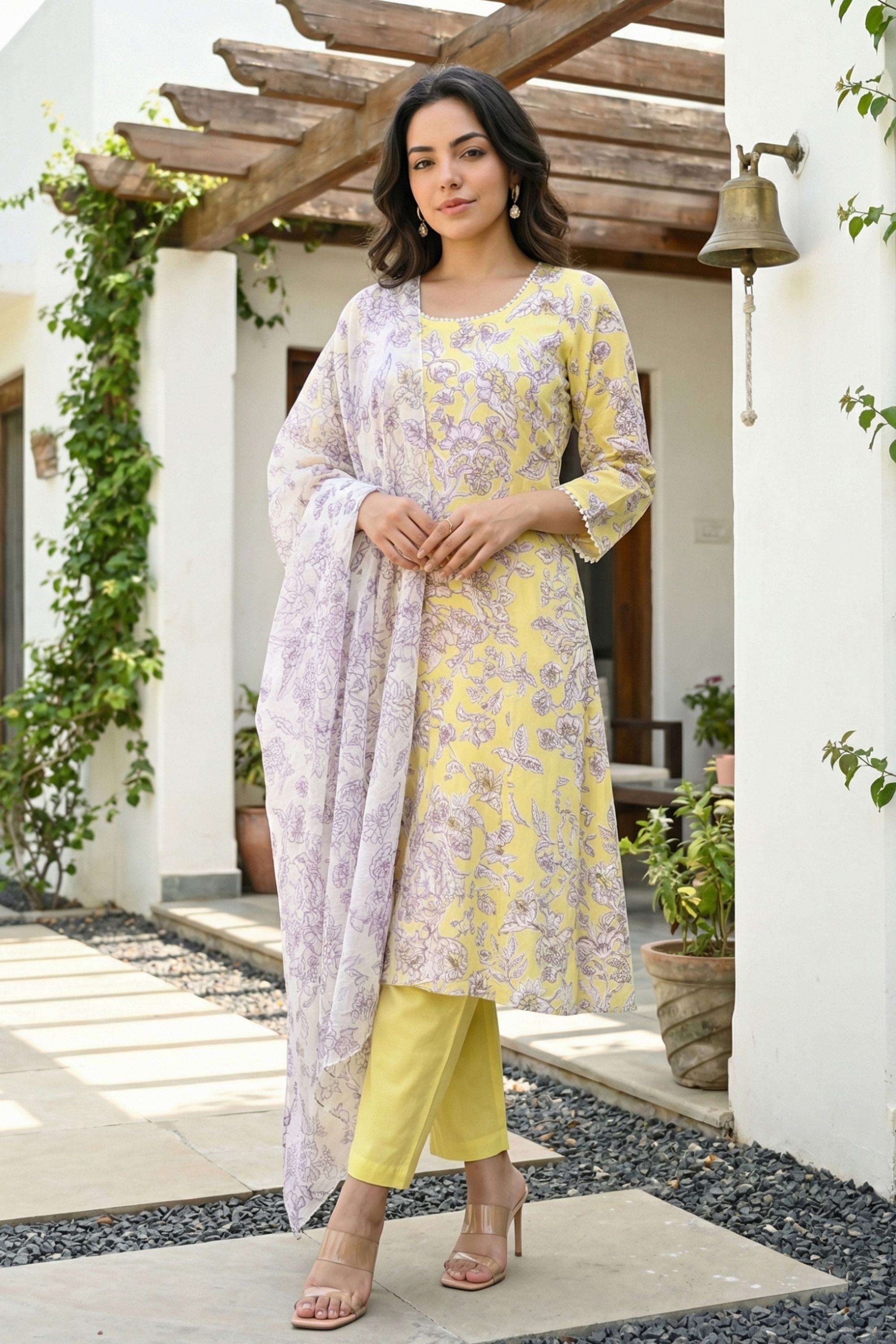 Printed-Blended-Fabric-Round-Neck-Women-s-Festive-Wear-Kurta-Set