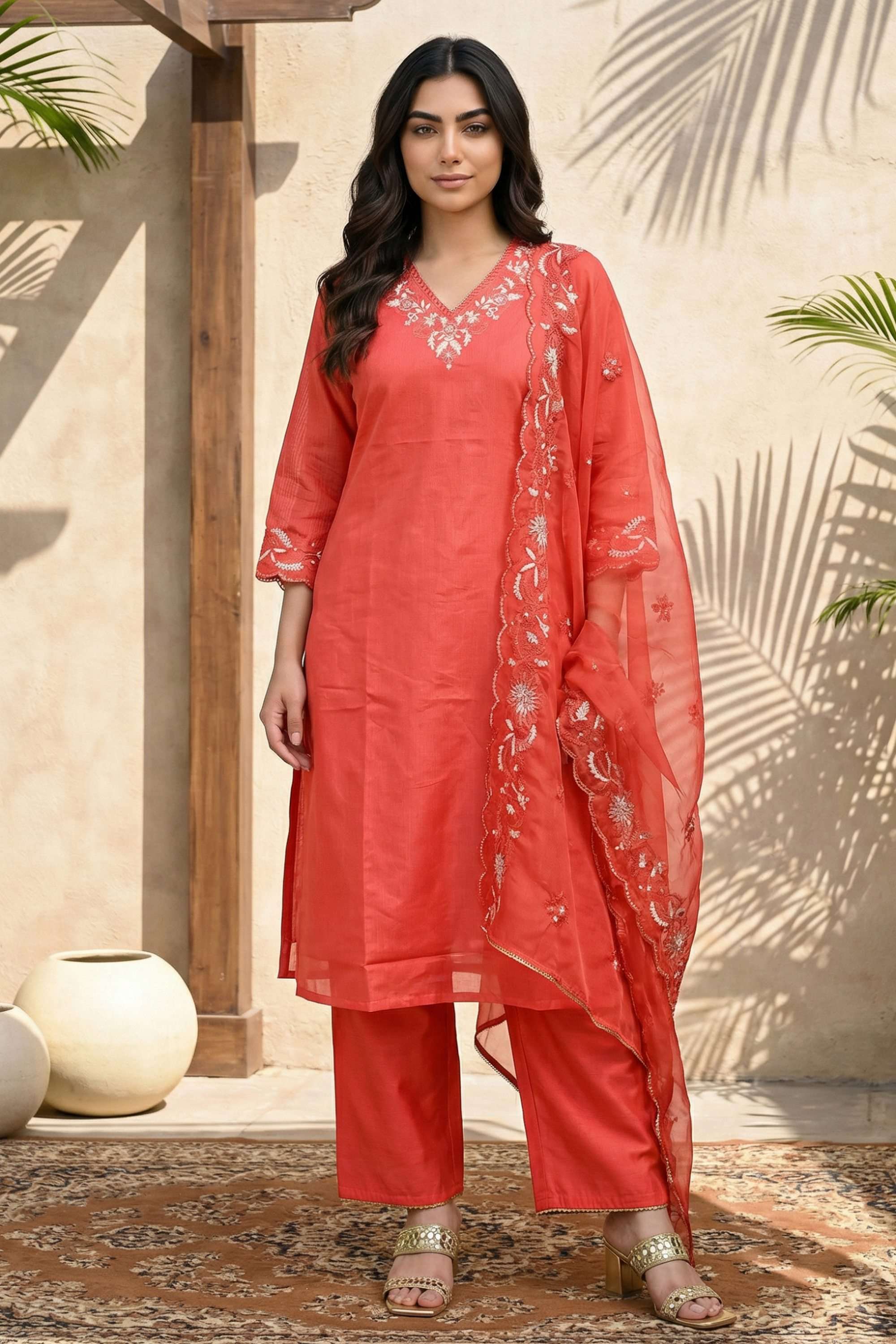 Embroidered-Blended-Fabric-V-Neck-Women-s-Festive-Wear-Kurta-Set