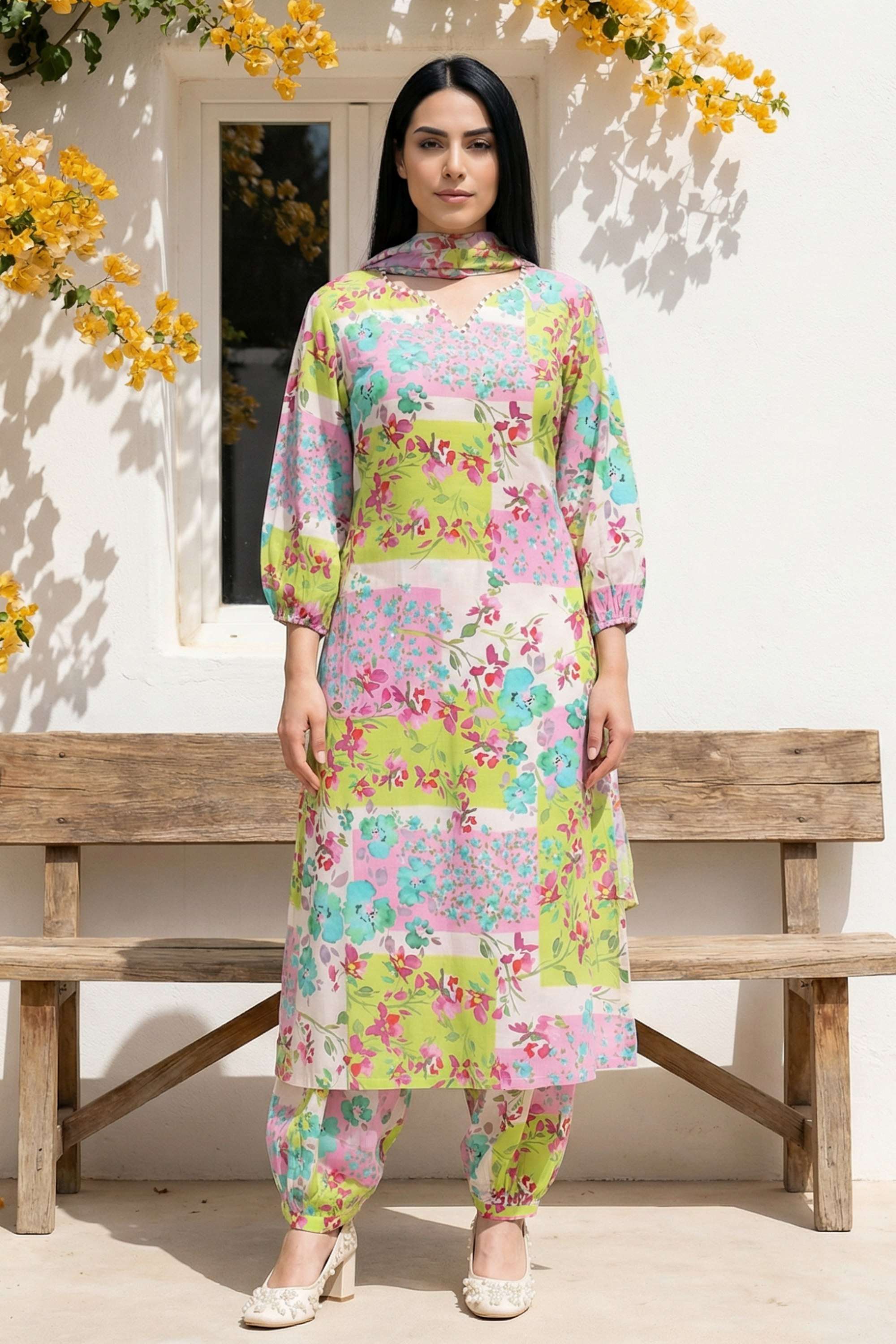 Printed-V-Neck-Modal-Women-Kurta-Set