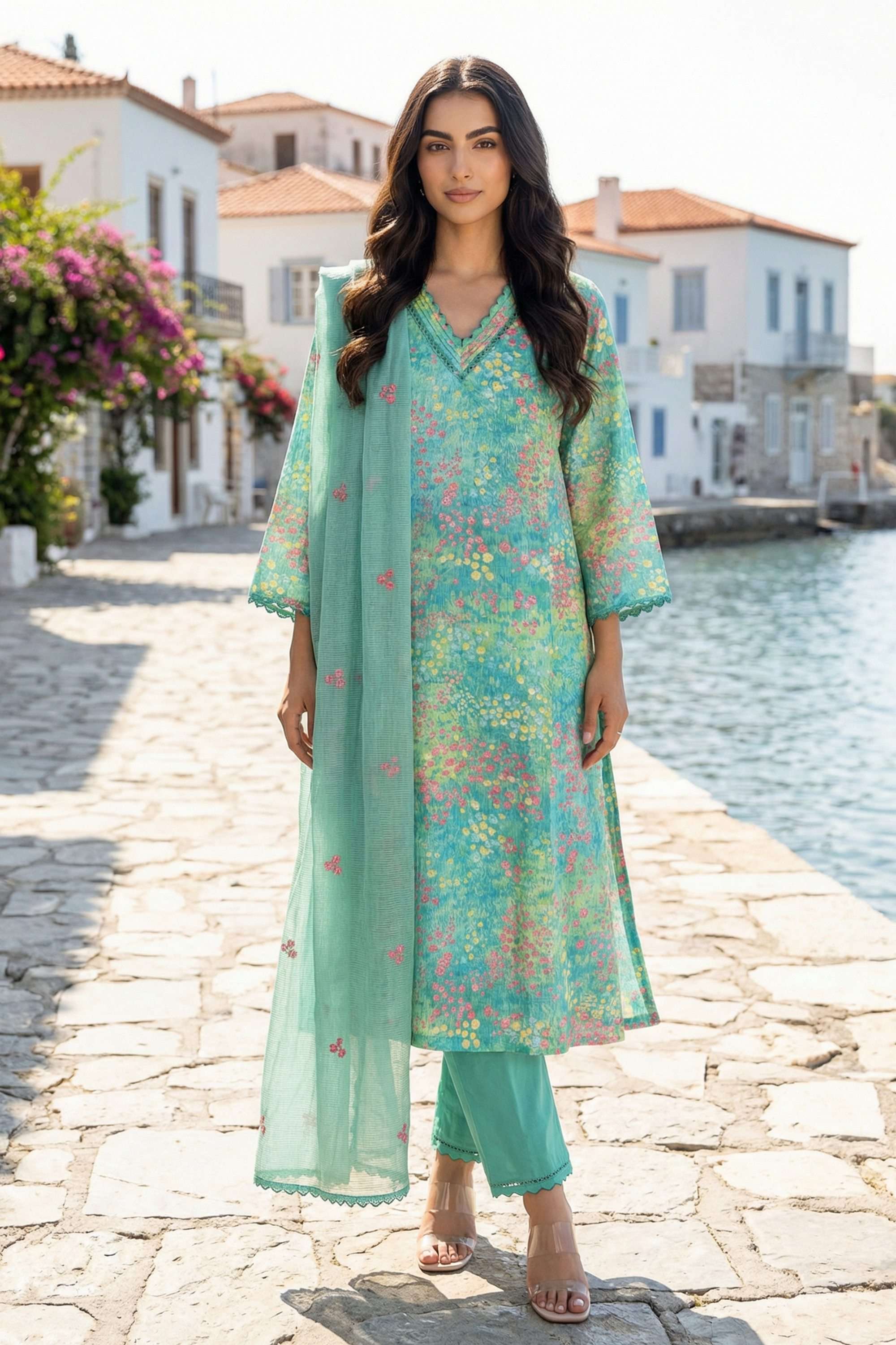Printed-Blended-Fabric-V-Neck-Women-s-Festive-Wear-Kurta-Set