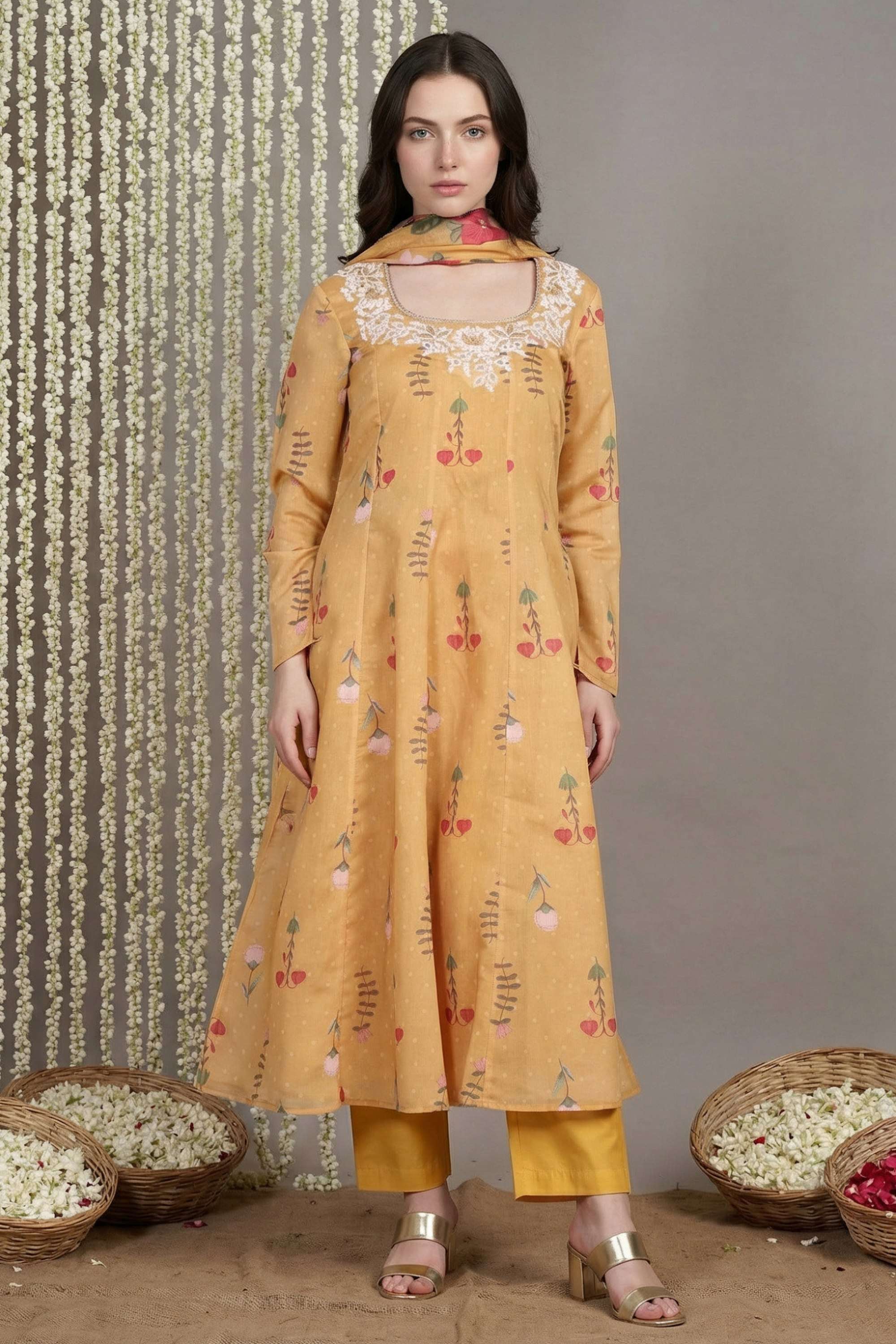Printed-Square-Neck-Polyester-Women-Kurta-Set