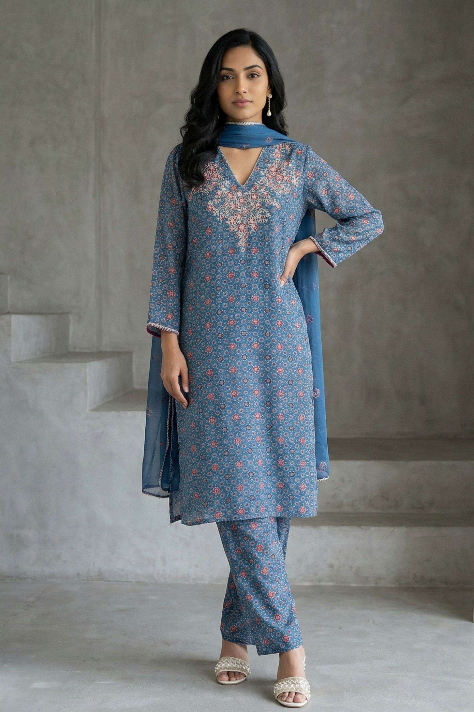 Floral-Blended-Fabric-V-Neck-Women-s-Ethnic-Kurta-Set