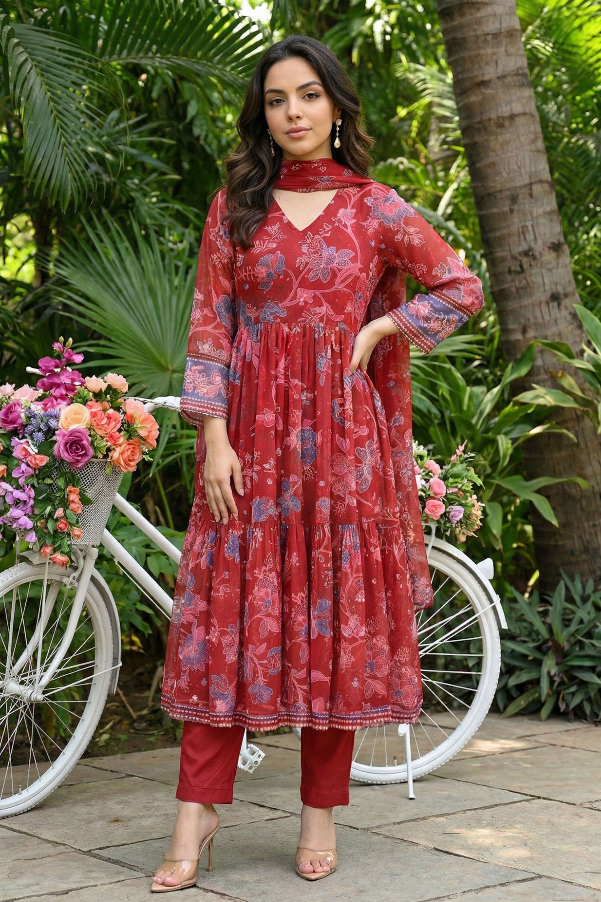 Floral-Chiffon-V-Neck-Women-s-Casual-Wear-Kurta-Set