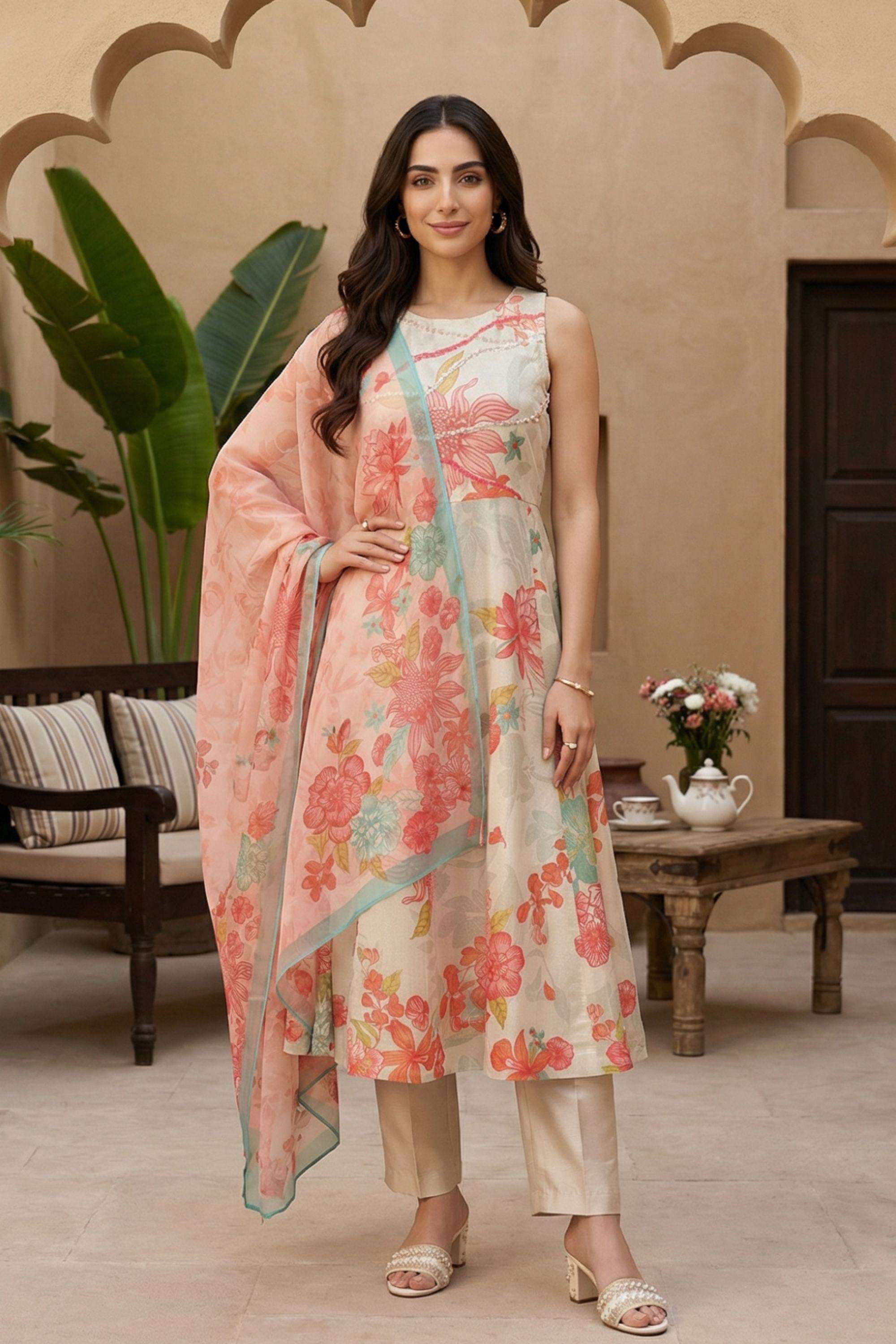 Floral-Blended-Fabric-Round-Neck-Women-s-Festive-Wear-Kurta-Set