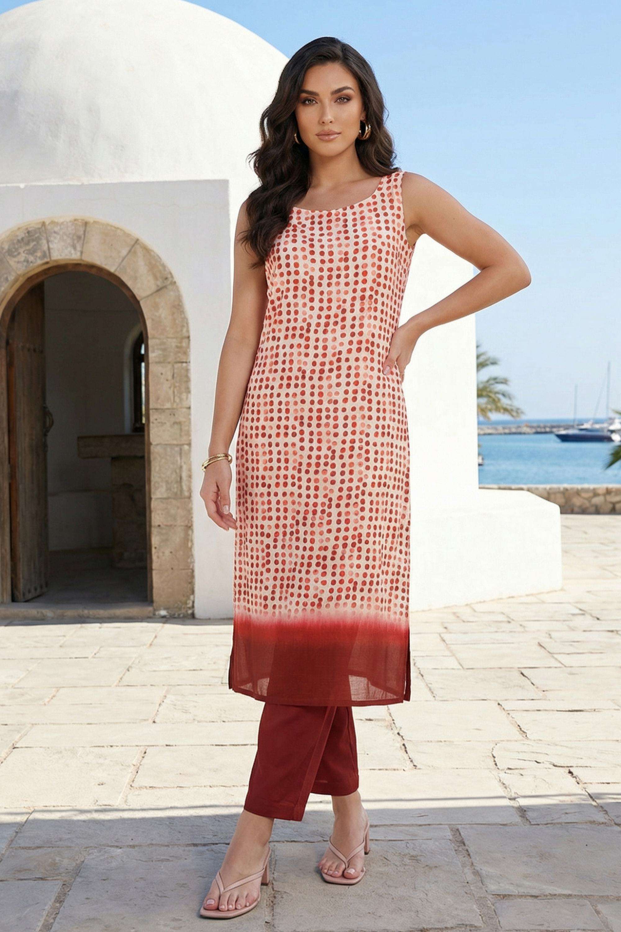 Polka-Dots-Rayon-Round-Neck-Women-s-Casual-Wear-Kurta-Set