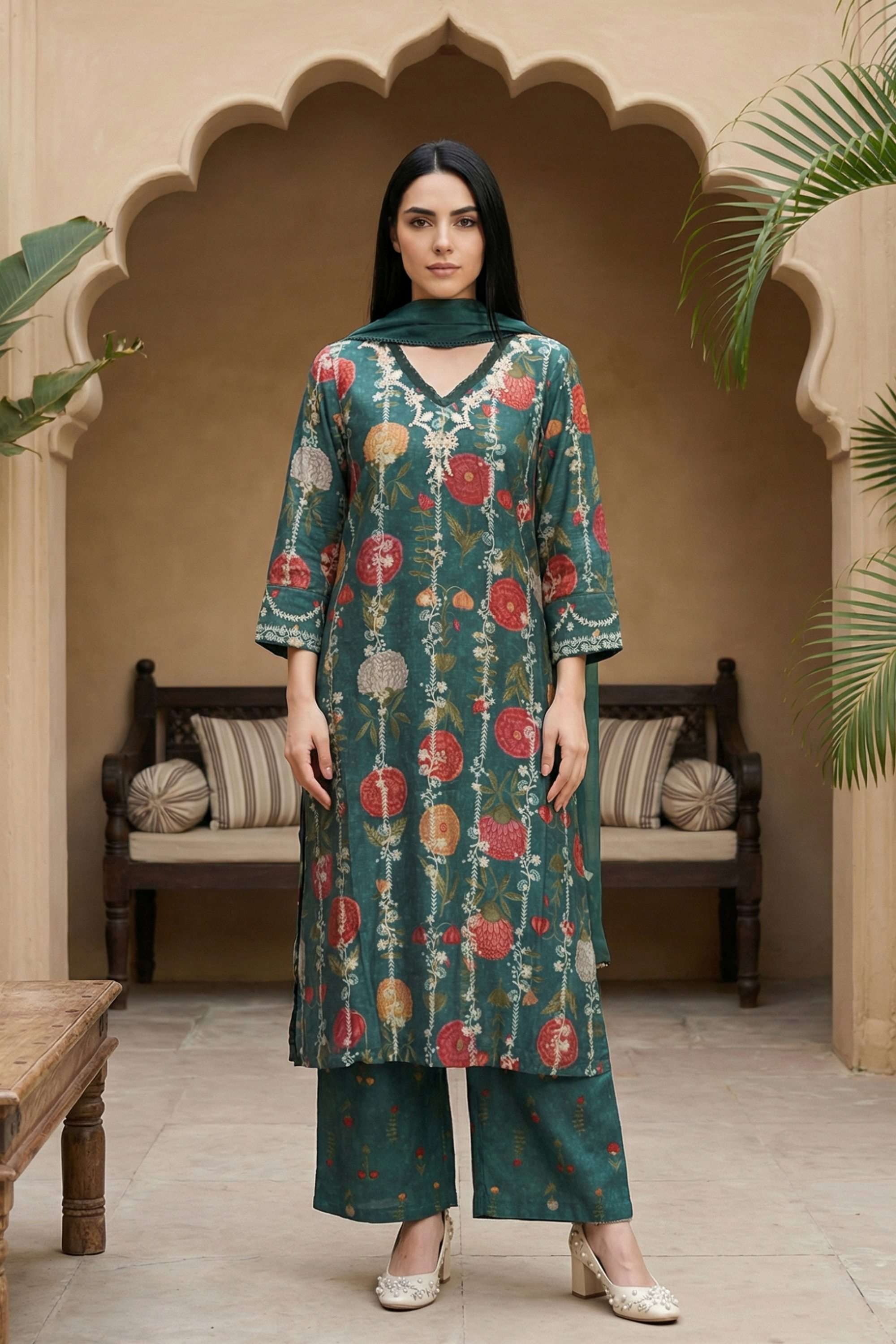 Printed-Blended-Fabric-V-Neck-Women-s-Festive-Wear-Kurta-Set
