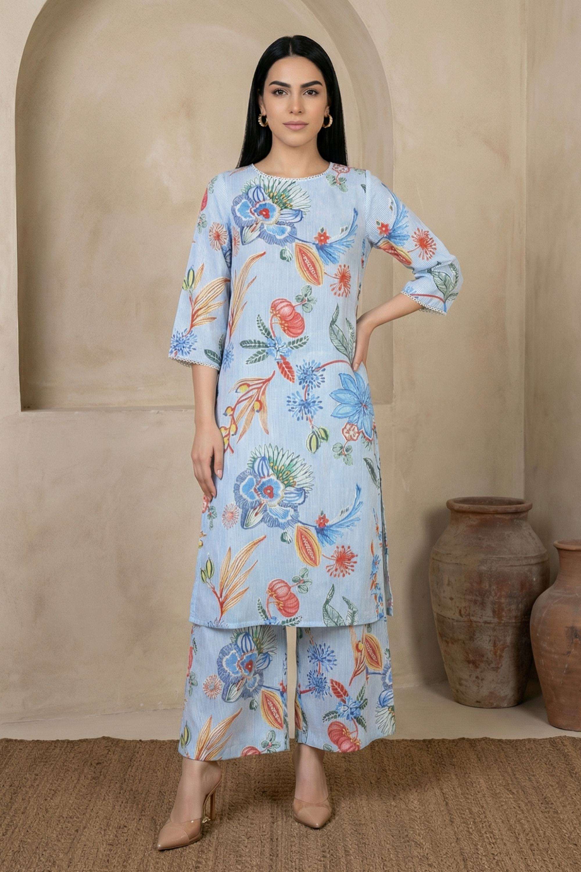 Printed-Blended-Fabric-Round-Neck-Women-s-Festive-Wear-Kurta-Set