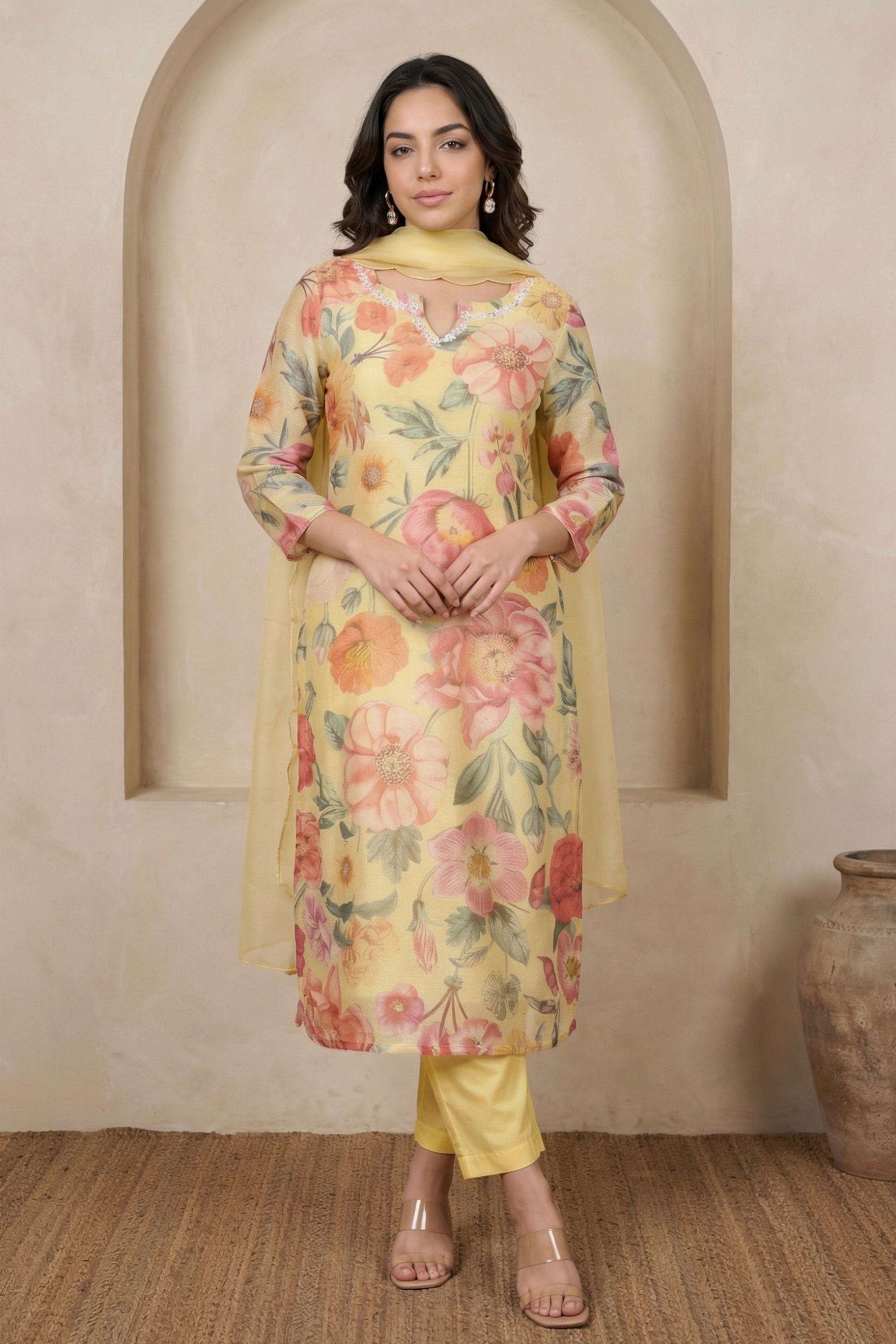 Floral-Calf-Length-Viscose-Blend-Woven-Women-s-Kurta-Set