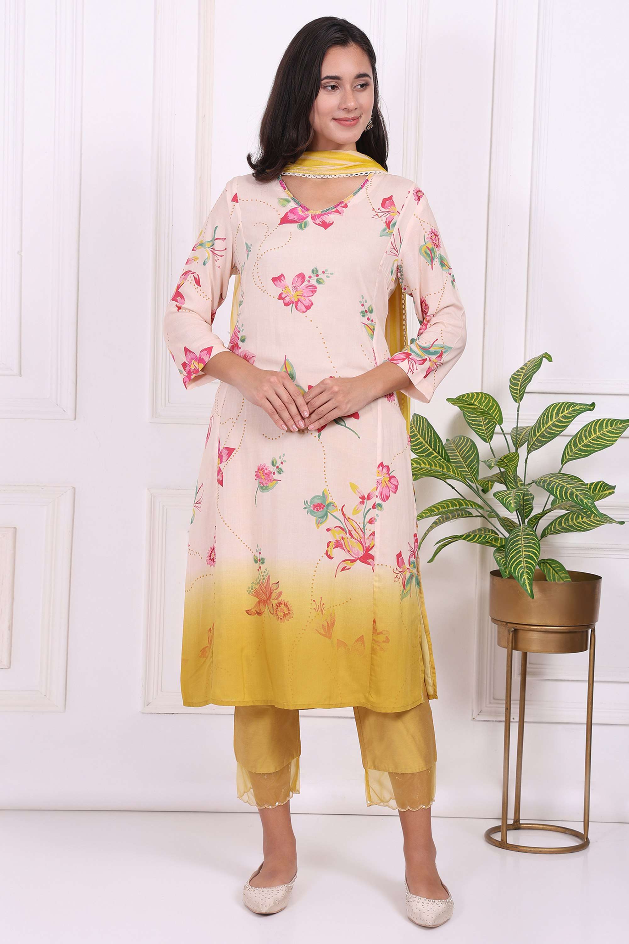 Printed-V-Neck-Modal-Women-Kurta-Set