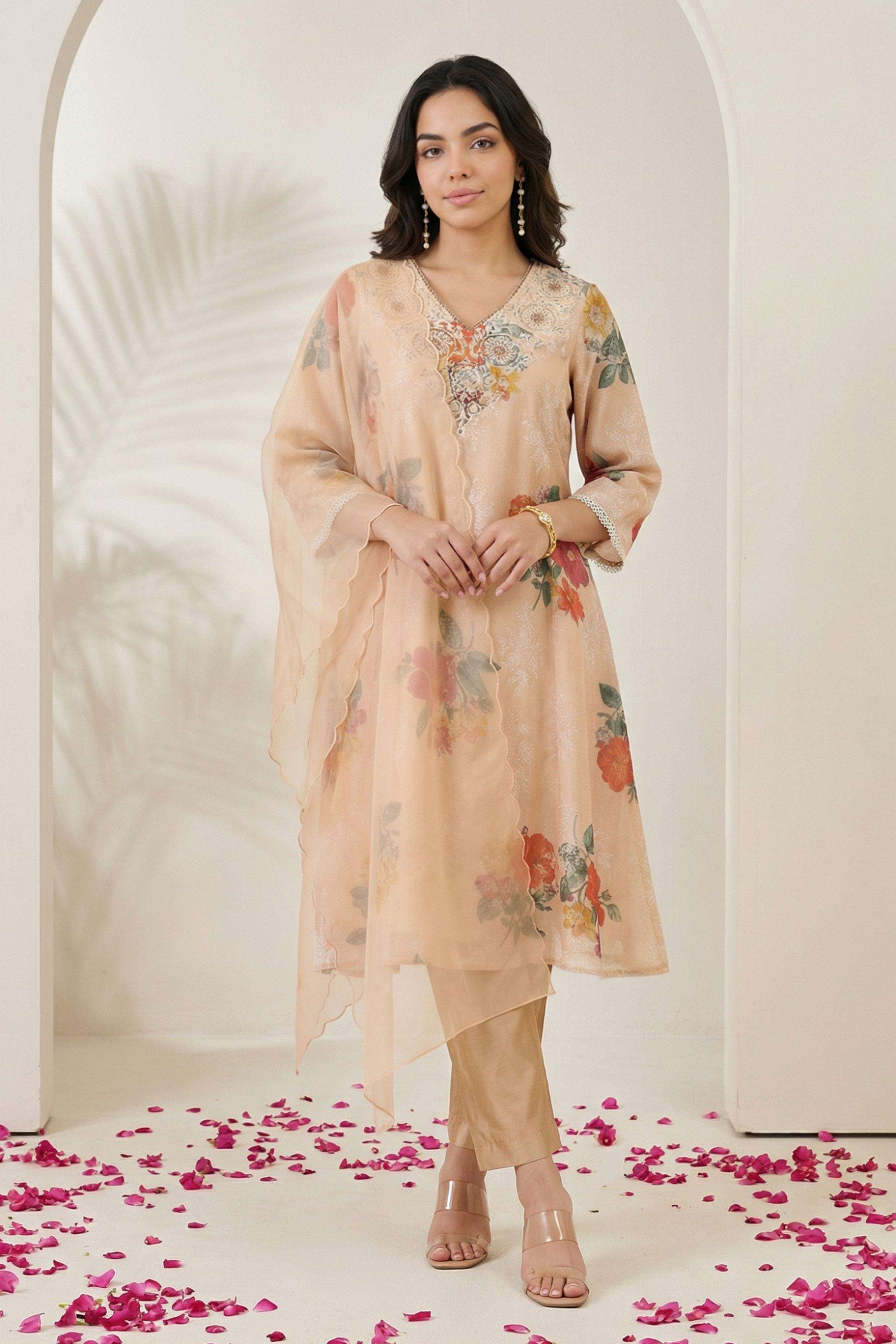 Floral-Blended-Fabric-V-Neck-Women-s-Festive-Wear-Kurta-Set
