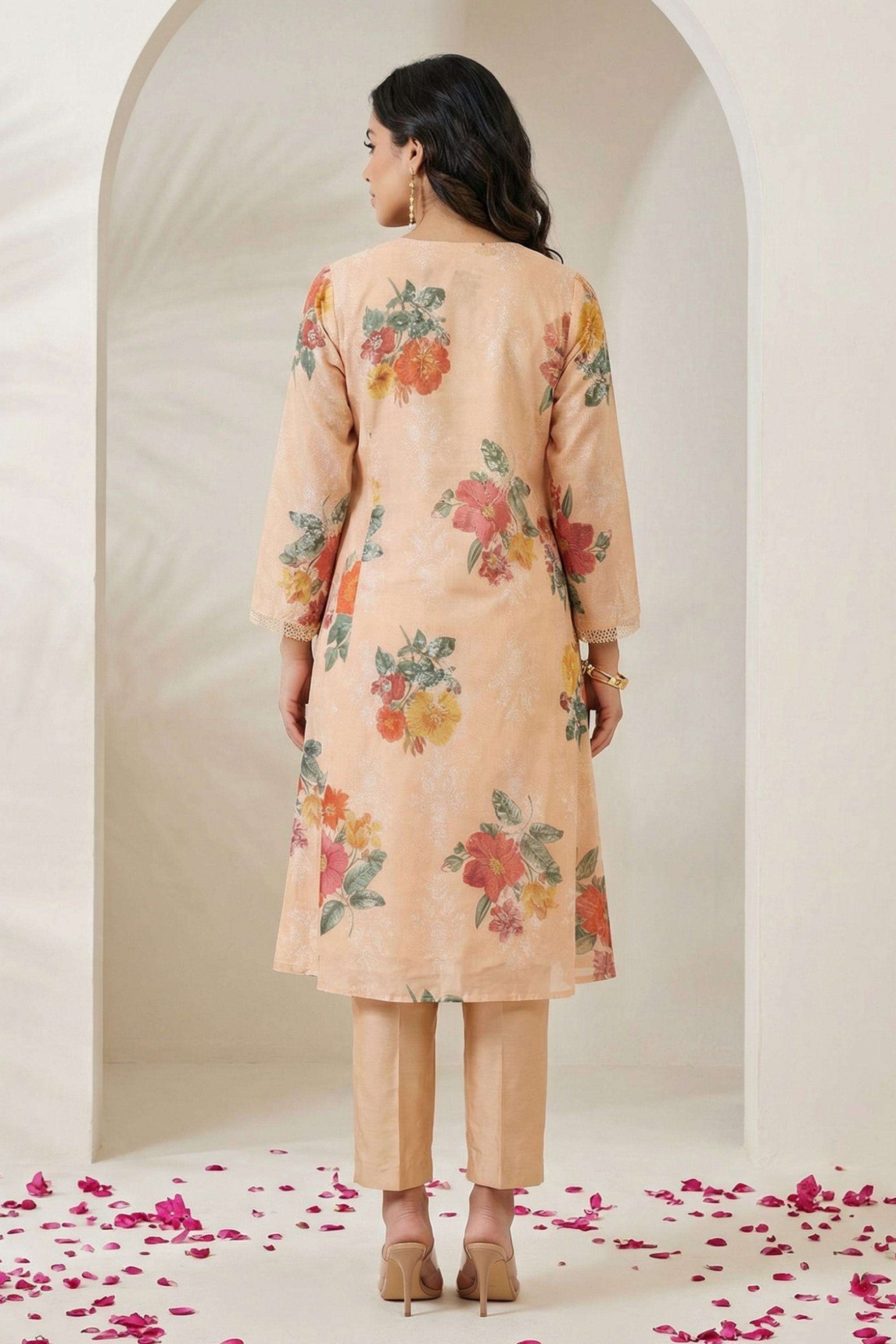 Floral-Blended-Fabric-V-Neck-Women-s-Festive-Wear-Kurta-Set