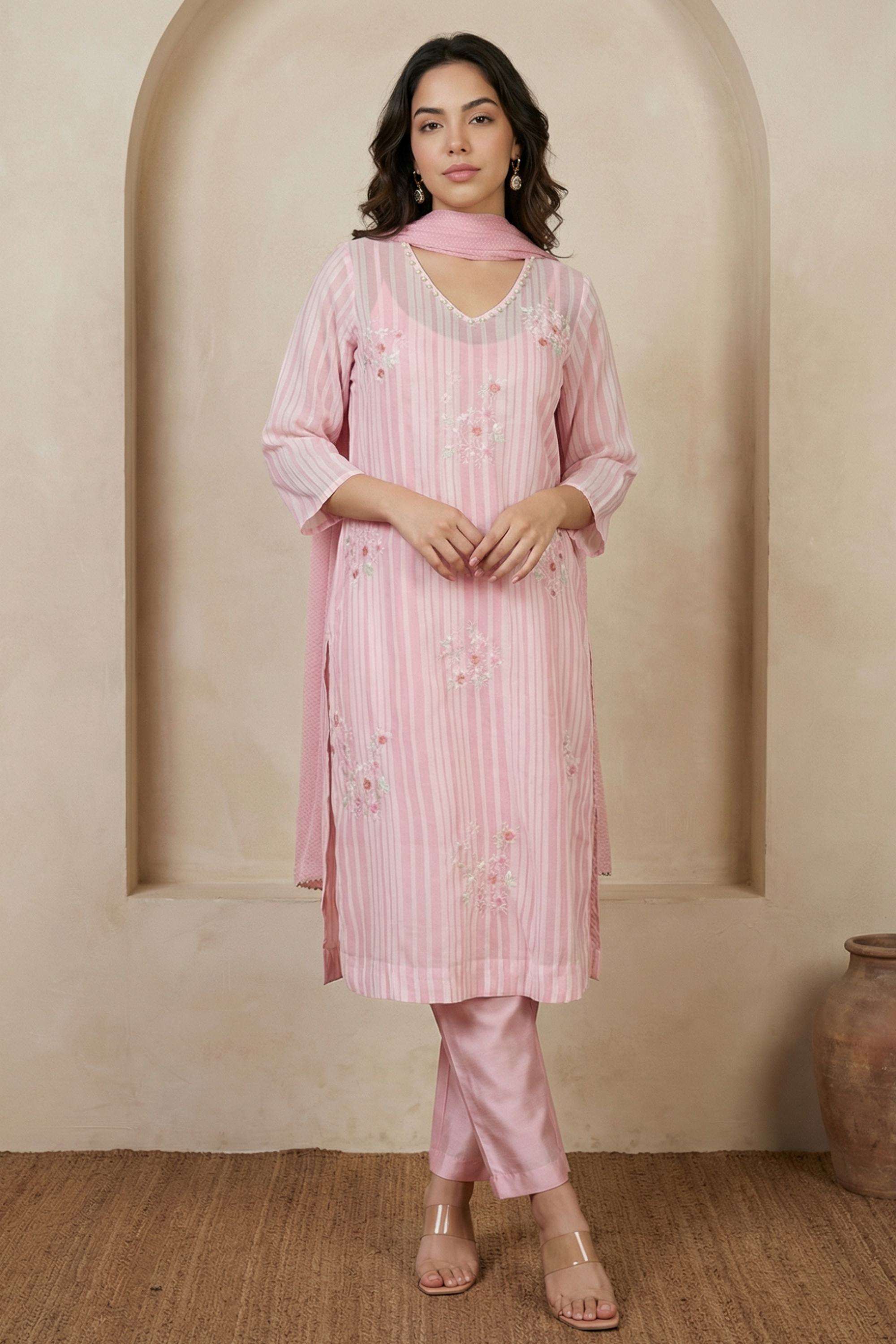 Stripes-Blended-Fabric-V-Neck-Women-s-Party-Wear-Kurta-Set