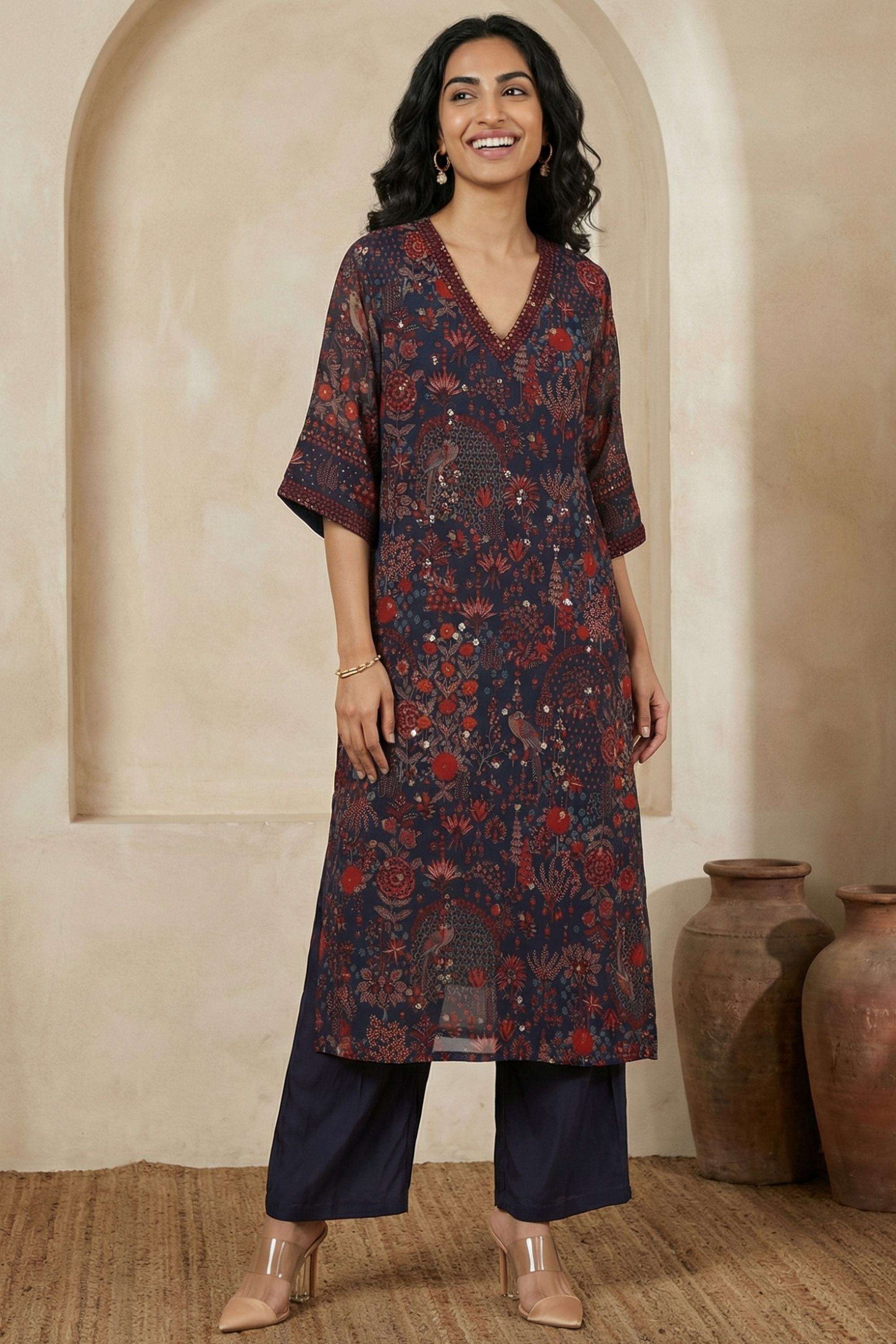 Printed-Georgette-V-Neck-Women-s-Festive-Wear-Kurta-Set