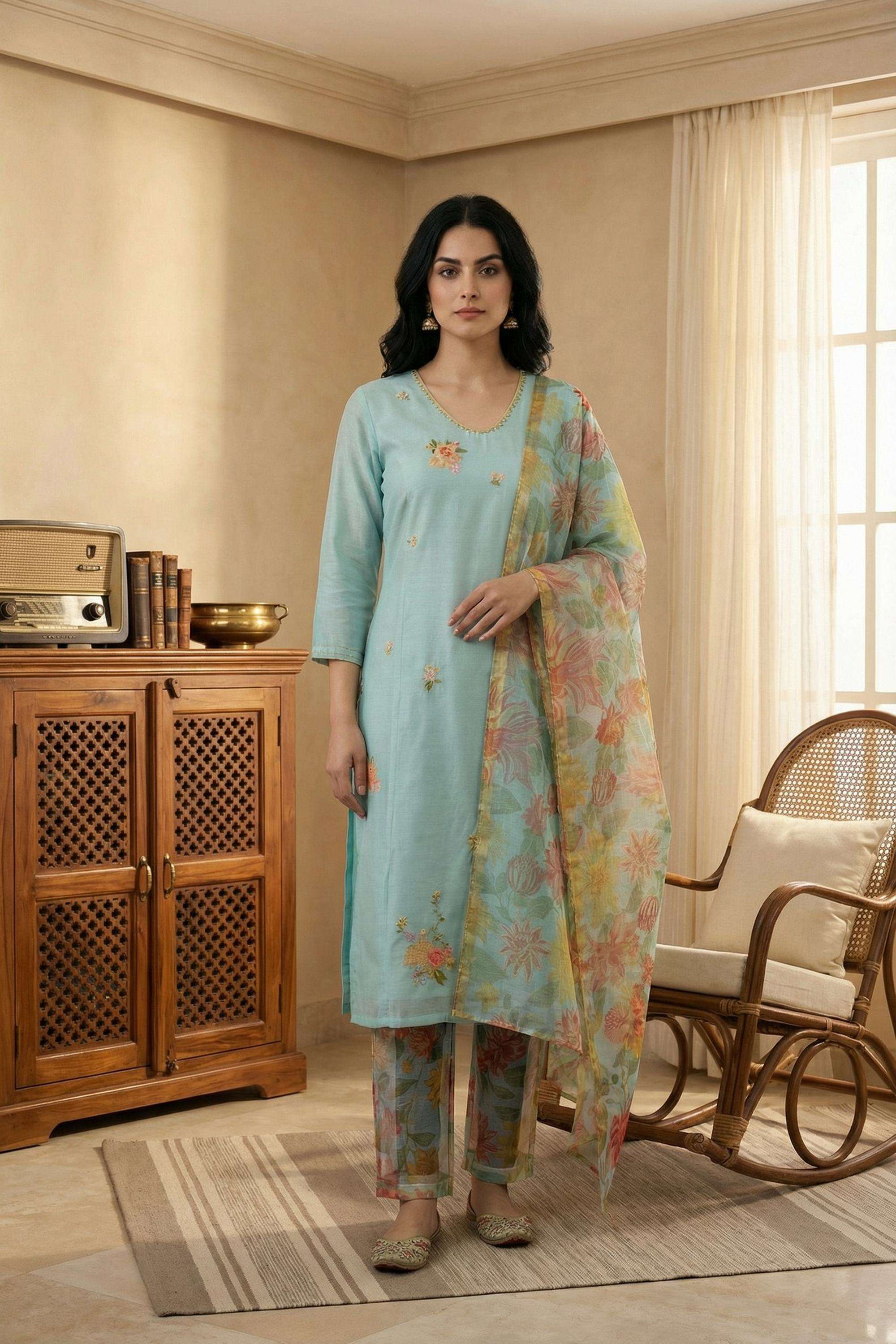 Floral-U-Neck-Viscose-Women-Kurta-with-Pant-and-Dupatta