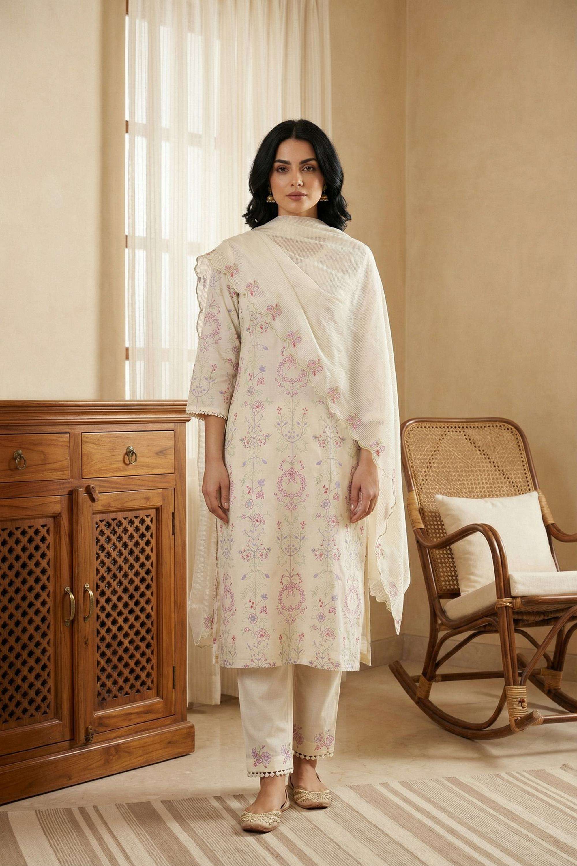 Embroidered-V-Neck-Cotton-Women-Kurta-with-Pant-and-Dupatta