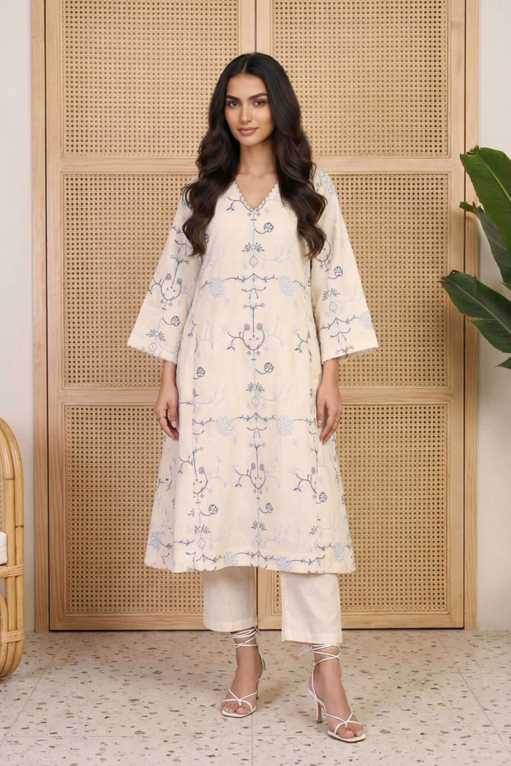 Embroidered-Blended-Fabric-V-Neck-Women-s-Festive-Wear-Kurta-Set