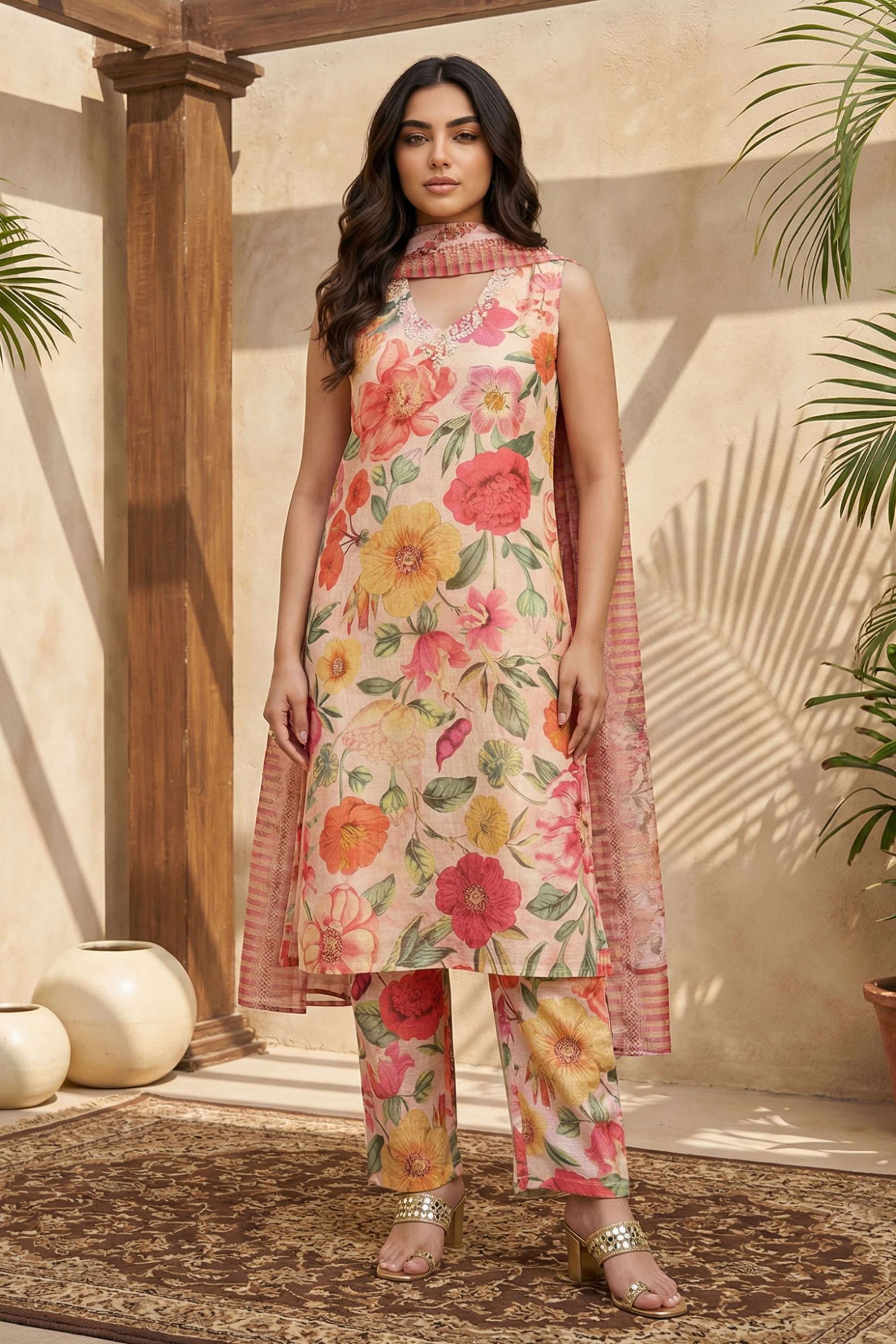Printed-Blended-Fabric-V-Neck-Women-s-Festive-Wear-Kurta-Set