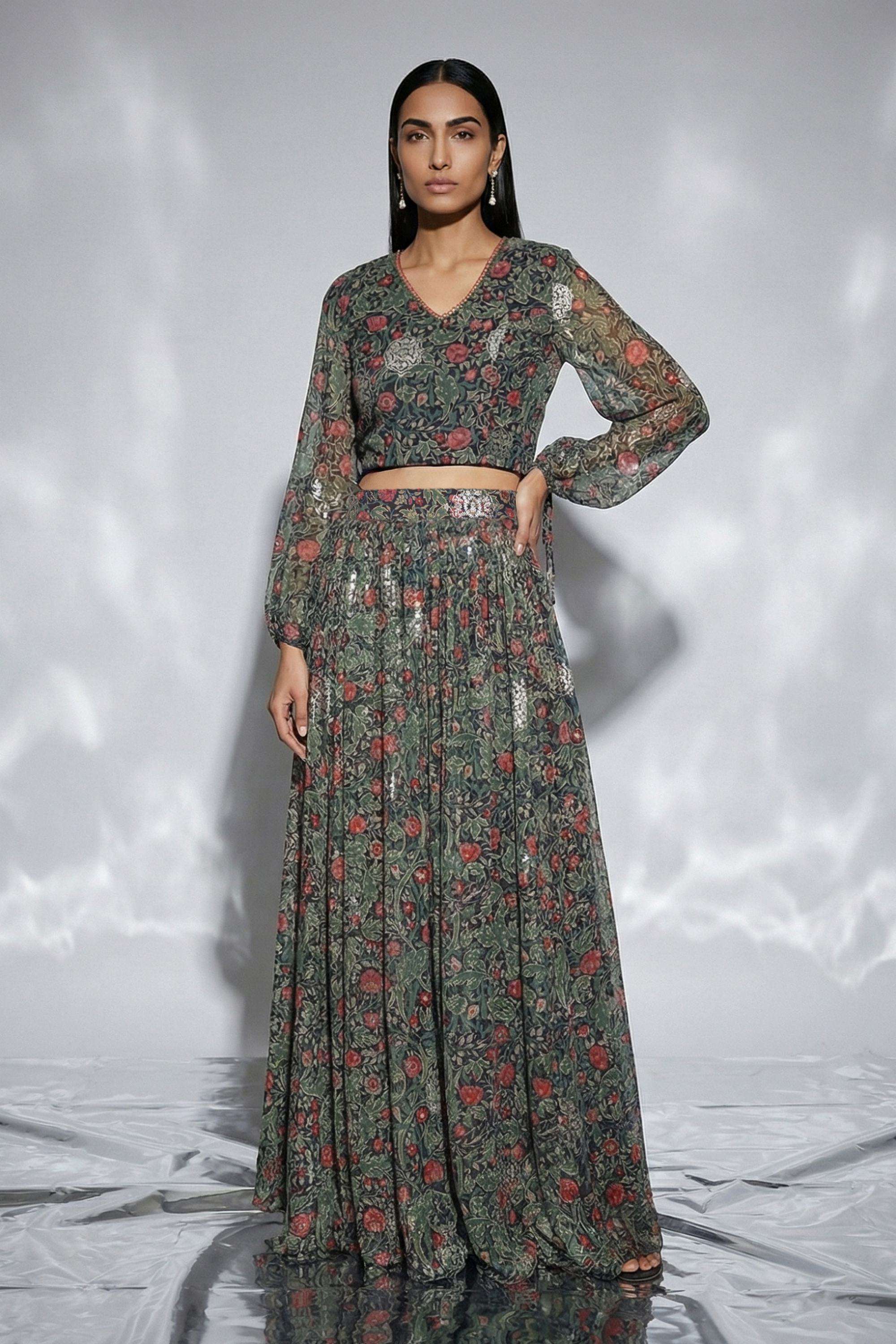 Women-s-Printed-Floral-Chiffon-Crop-Top-with-Skirt-Set