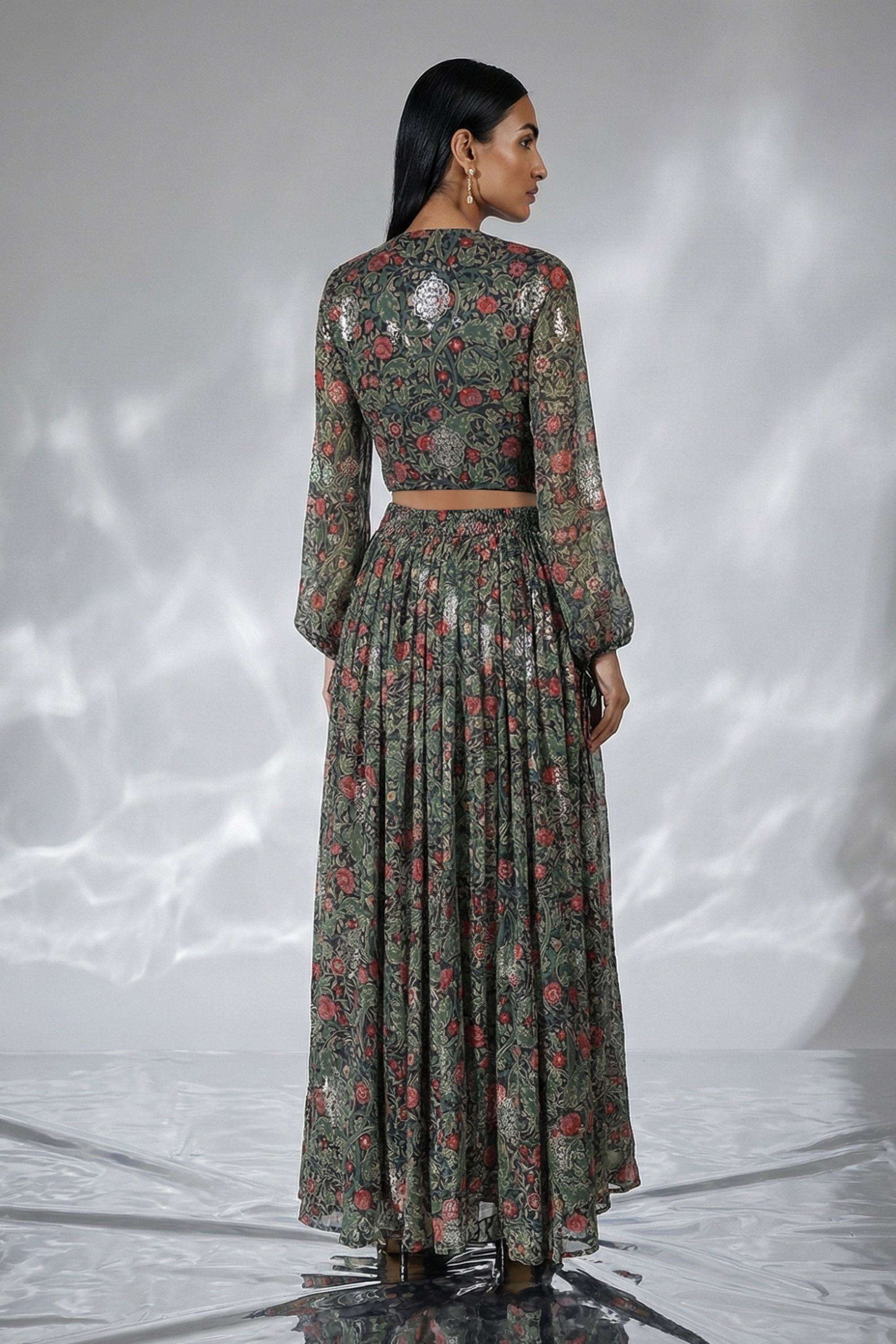 Women-s-Printed-Floral-Chiffon-Crop-Top-with-Skirt-Set