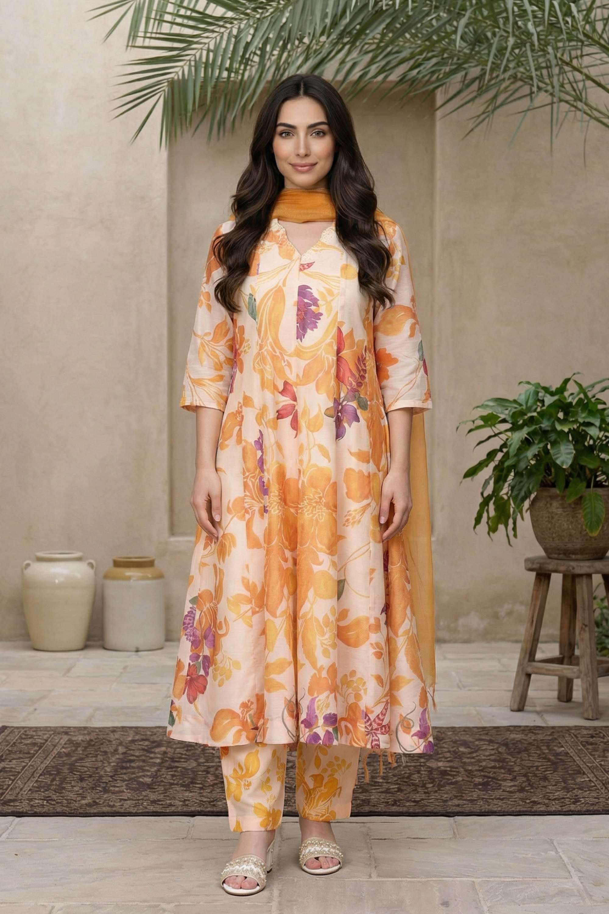 Printed-V-Neck-Polyester-Women-Kurta-Set