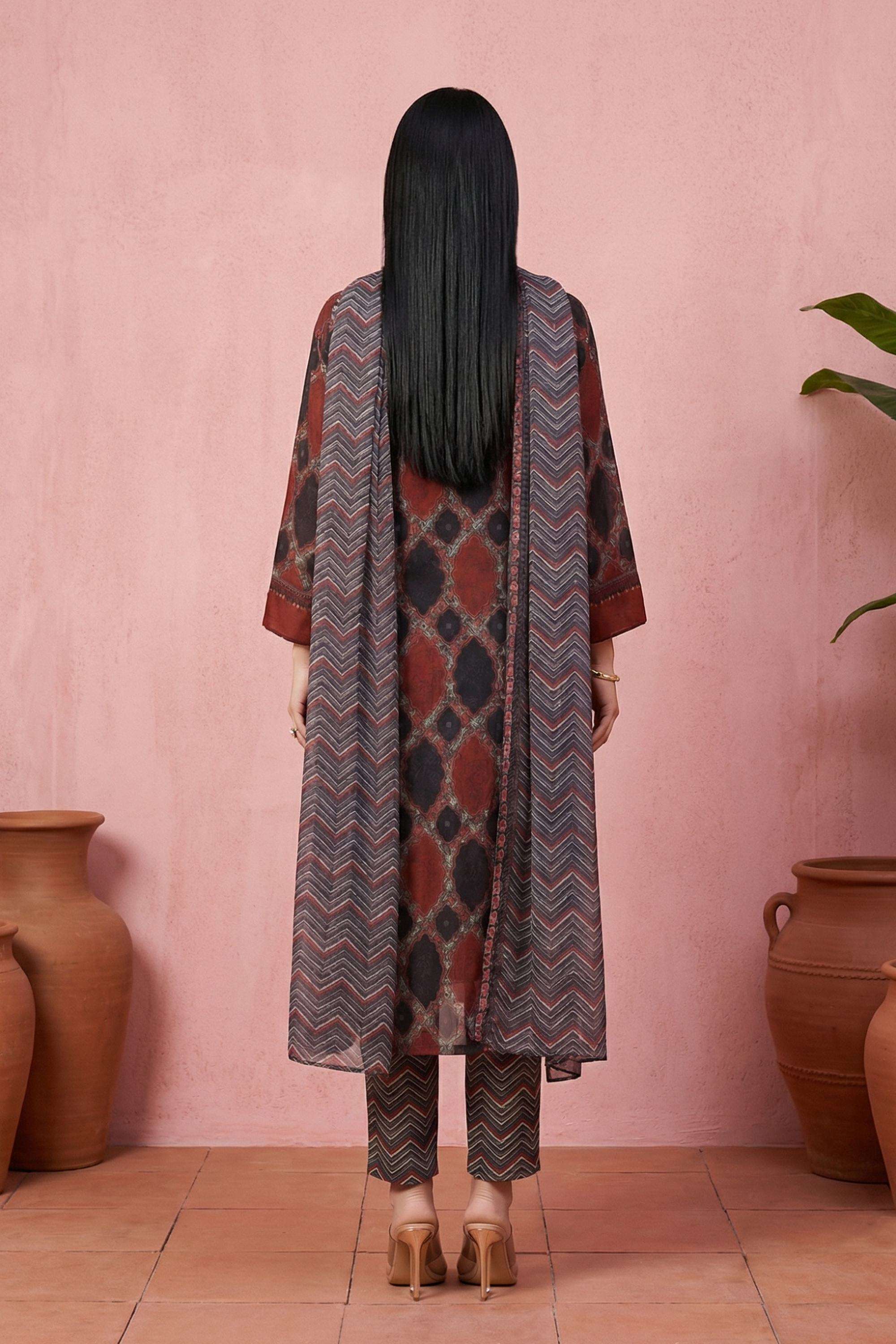 Geometric-Print-V-Neck-Blended-Fabric-Women-Kurta-with-Pant-and-Dupatta