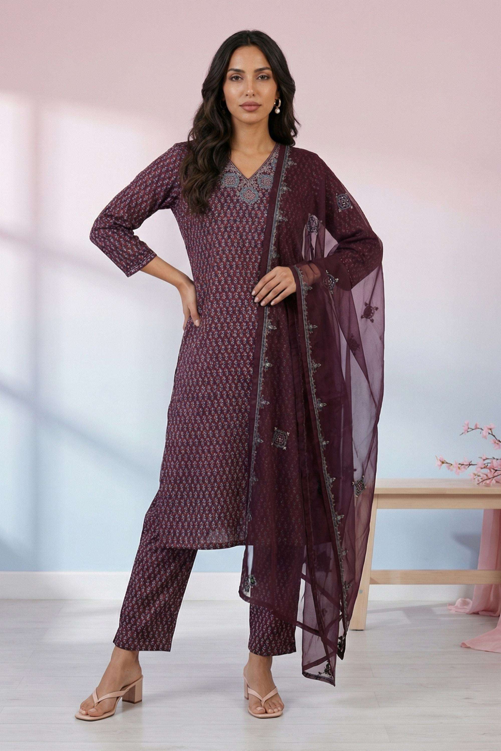 Printed-Blended-Fabric-V-Neck-Women-s-Festive-Wear-Kurta-Set