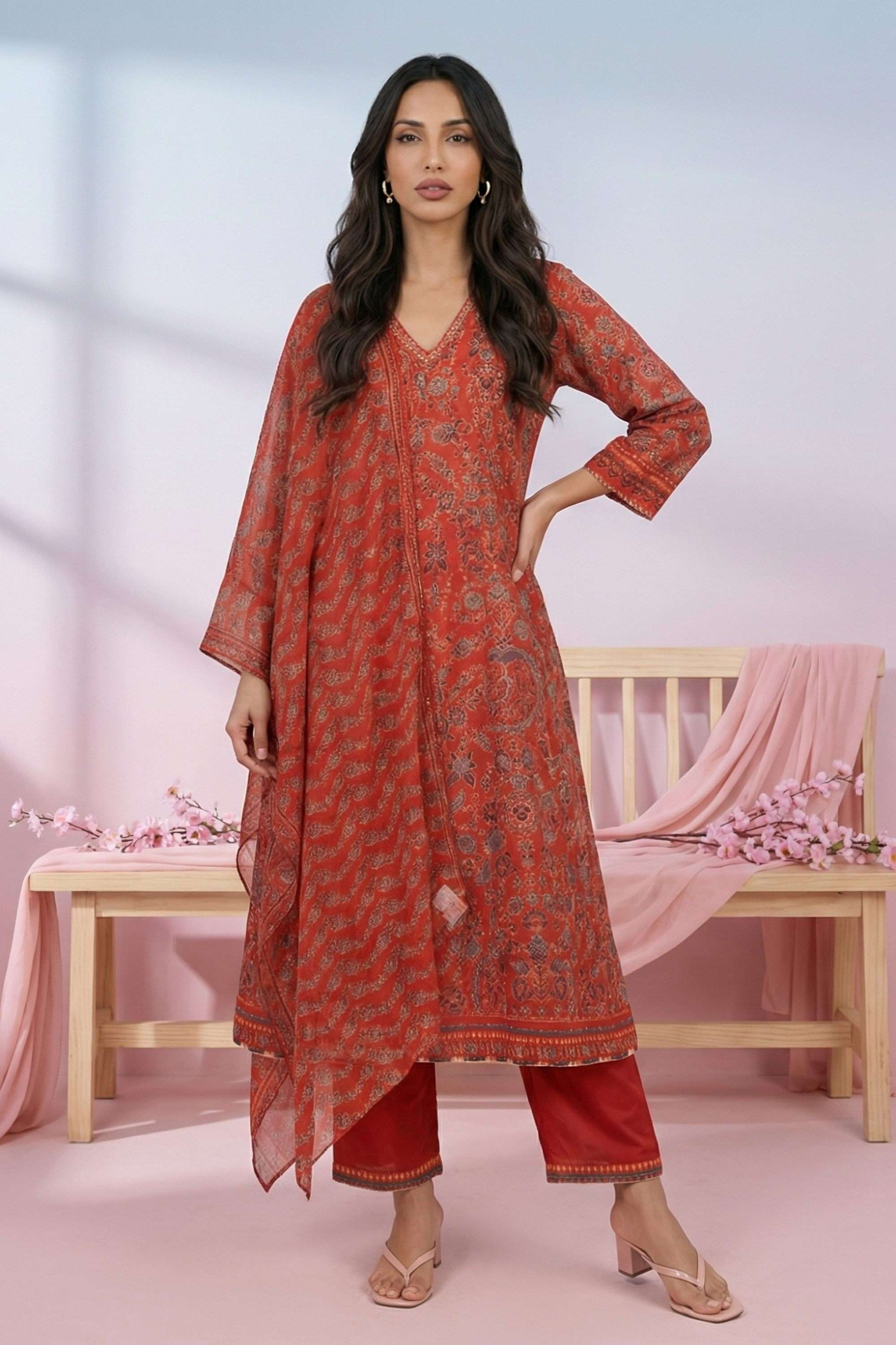 Floral-Chanderi-Woven-Women-s-A-line-Kurta-with-Trousers-and-Dupatta-Set
