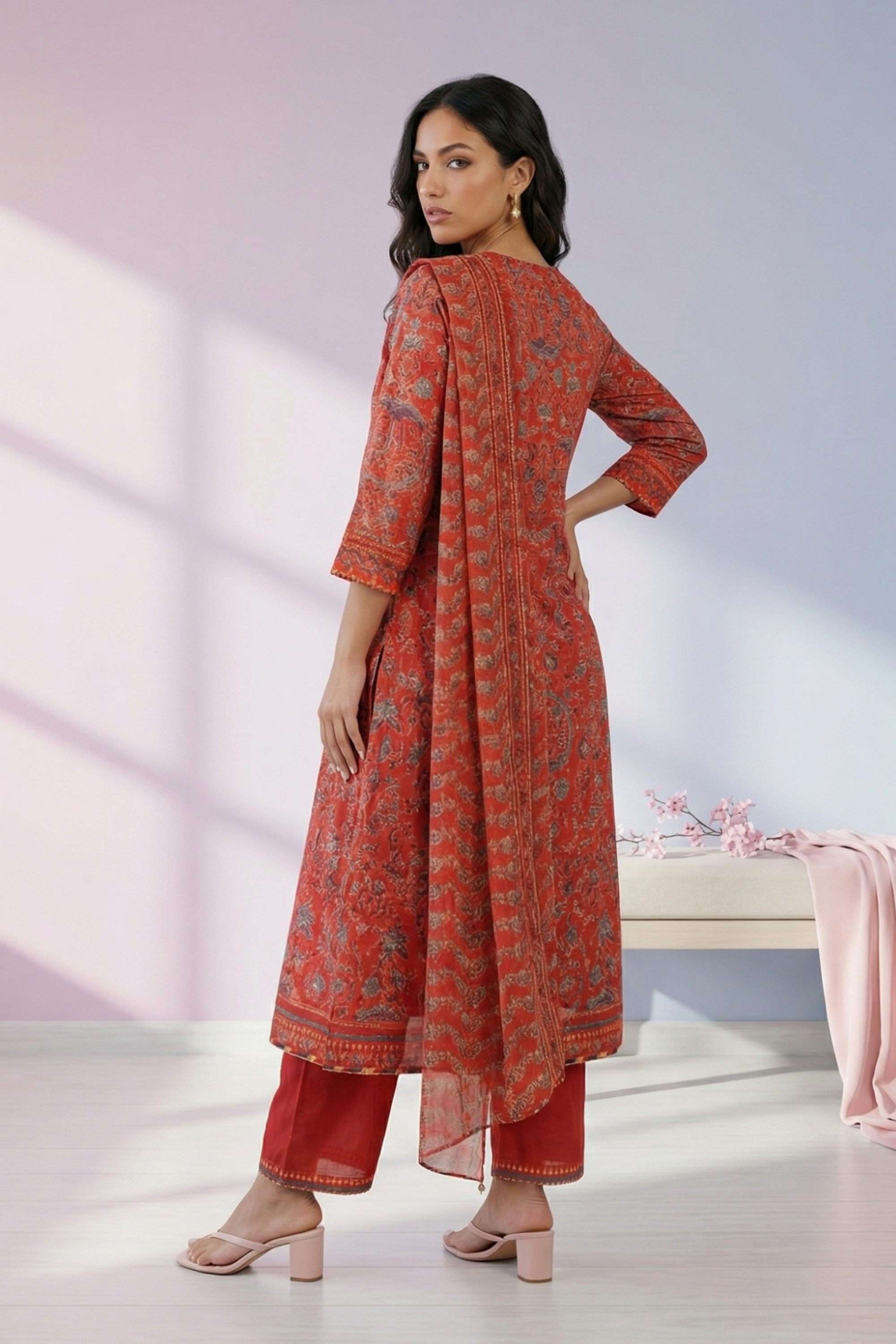 Floral-Chanderi-Woven-Women-s-A-line-Kurta-with-Trousers-and-Dupatta-Set