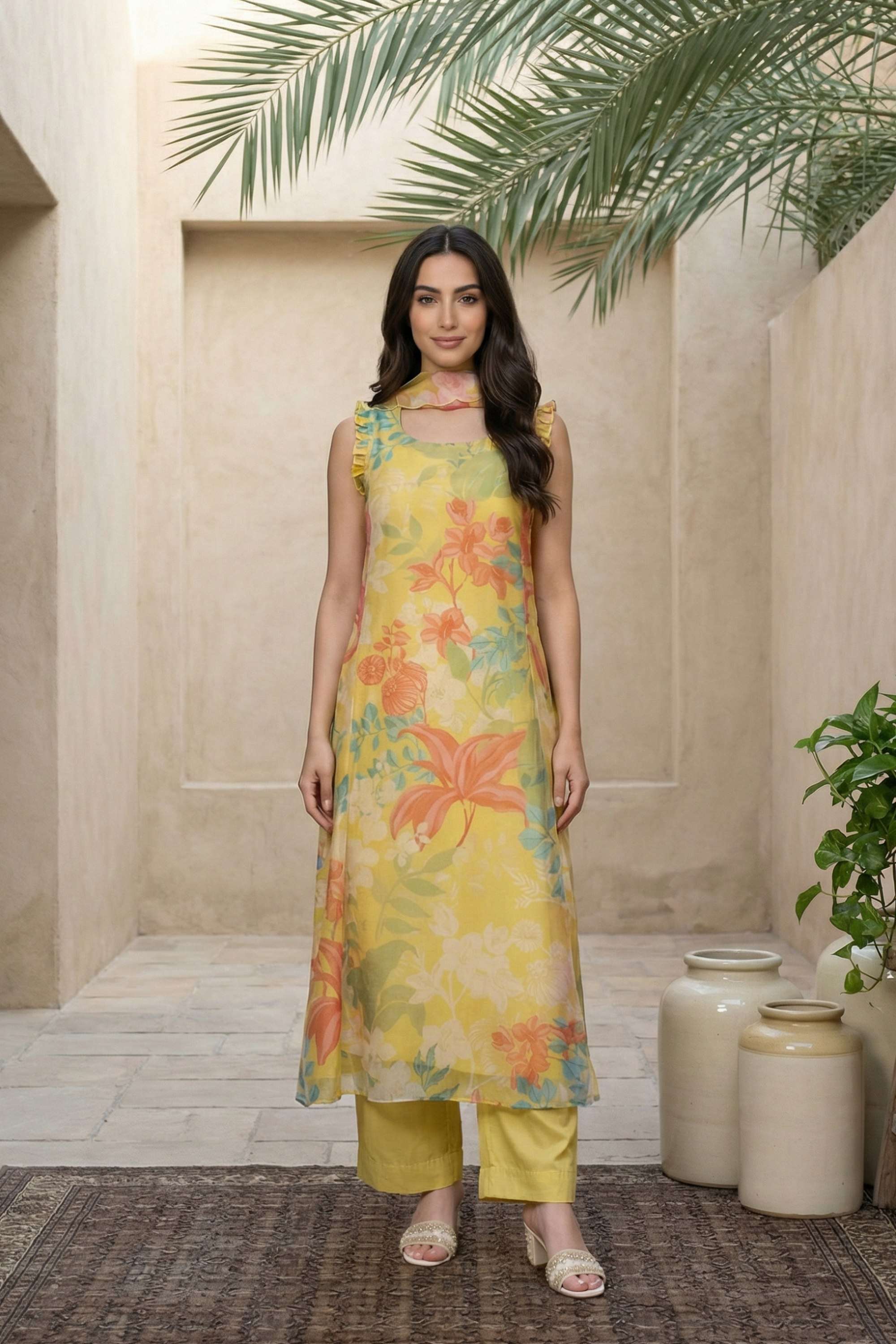 Printed-Round-Neck-Polyester-Women-Kurta-Set