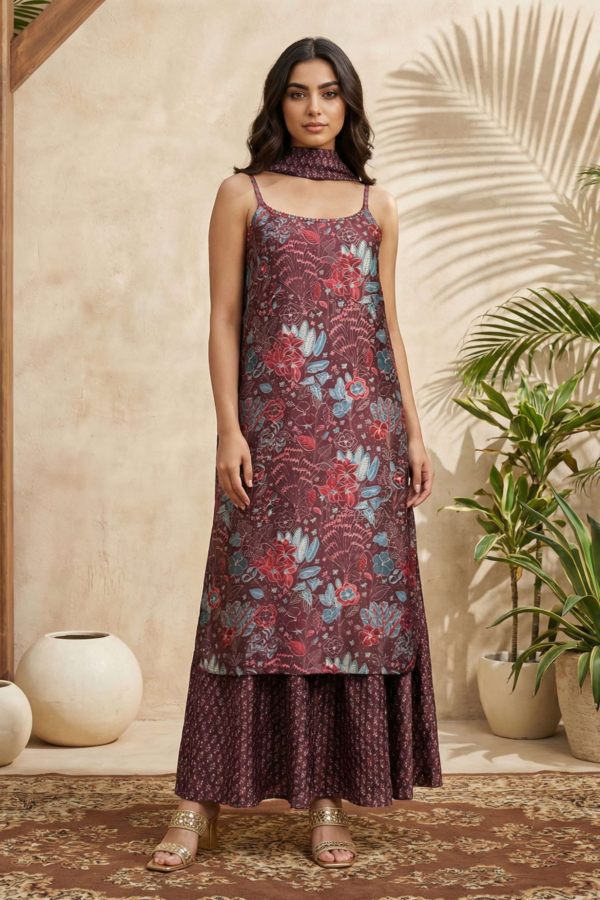 Printed-Blended-Fabric-Scoop-Neck-Women-s-Festive-Wear-Kurta-Set