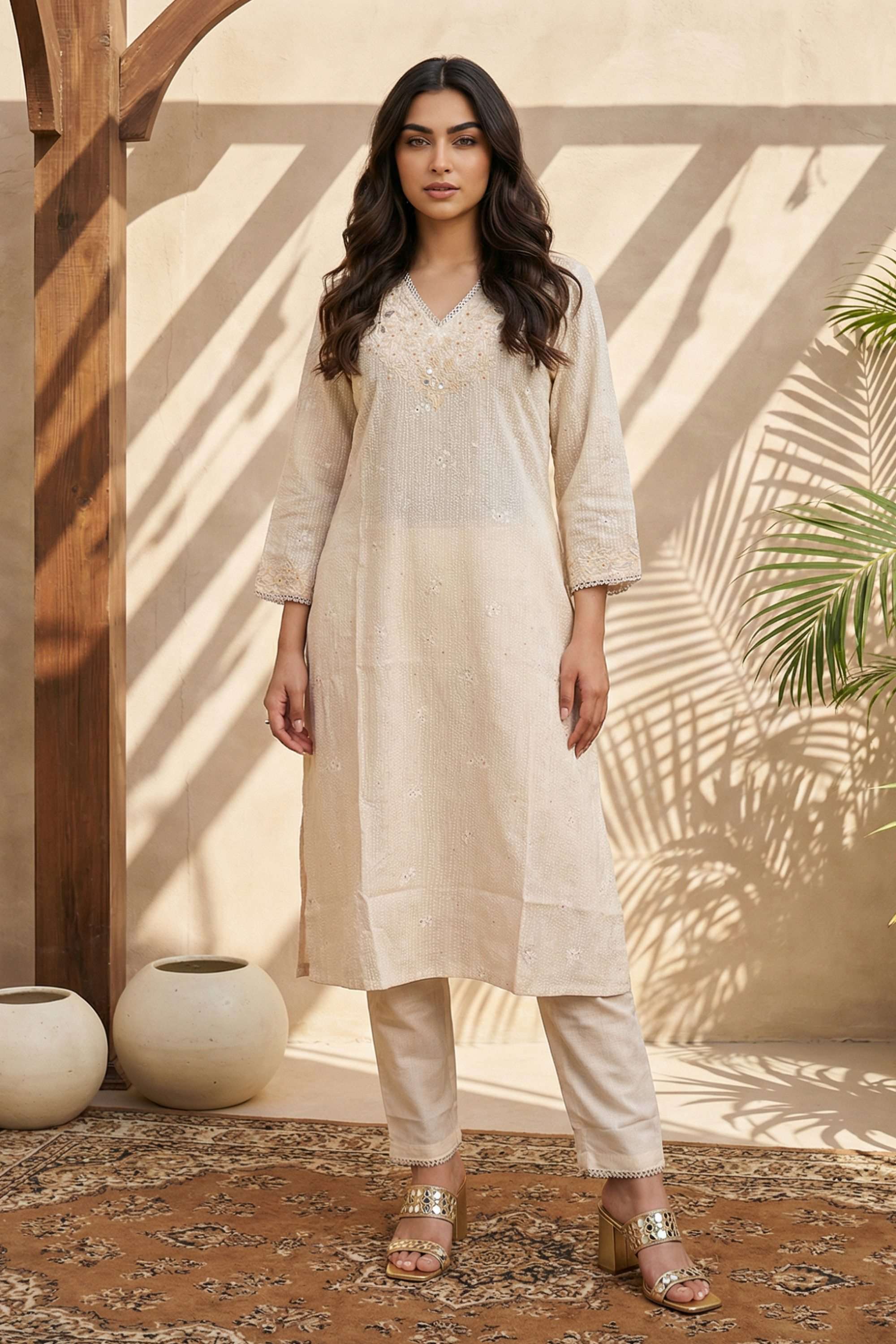 Embroidered-Blended-Fabric-V-Neck-Women-s-Festive-Wear-Kurta-Set