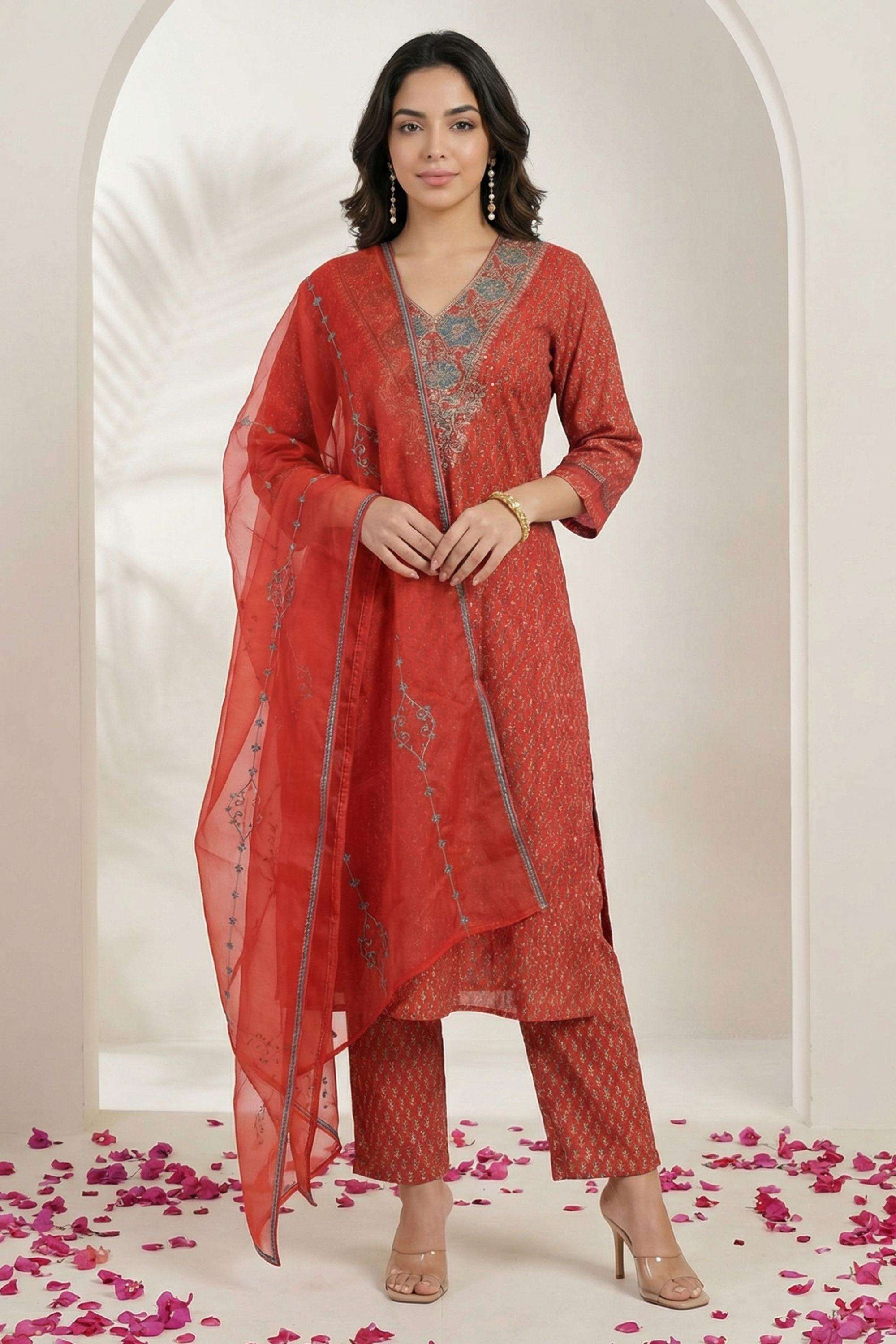 Floral-Chanderi-V-Neck-Women-s-Festive-Wear-Kurta-Set