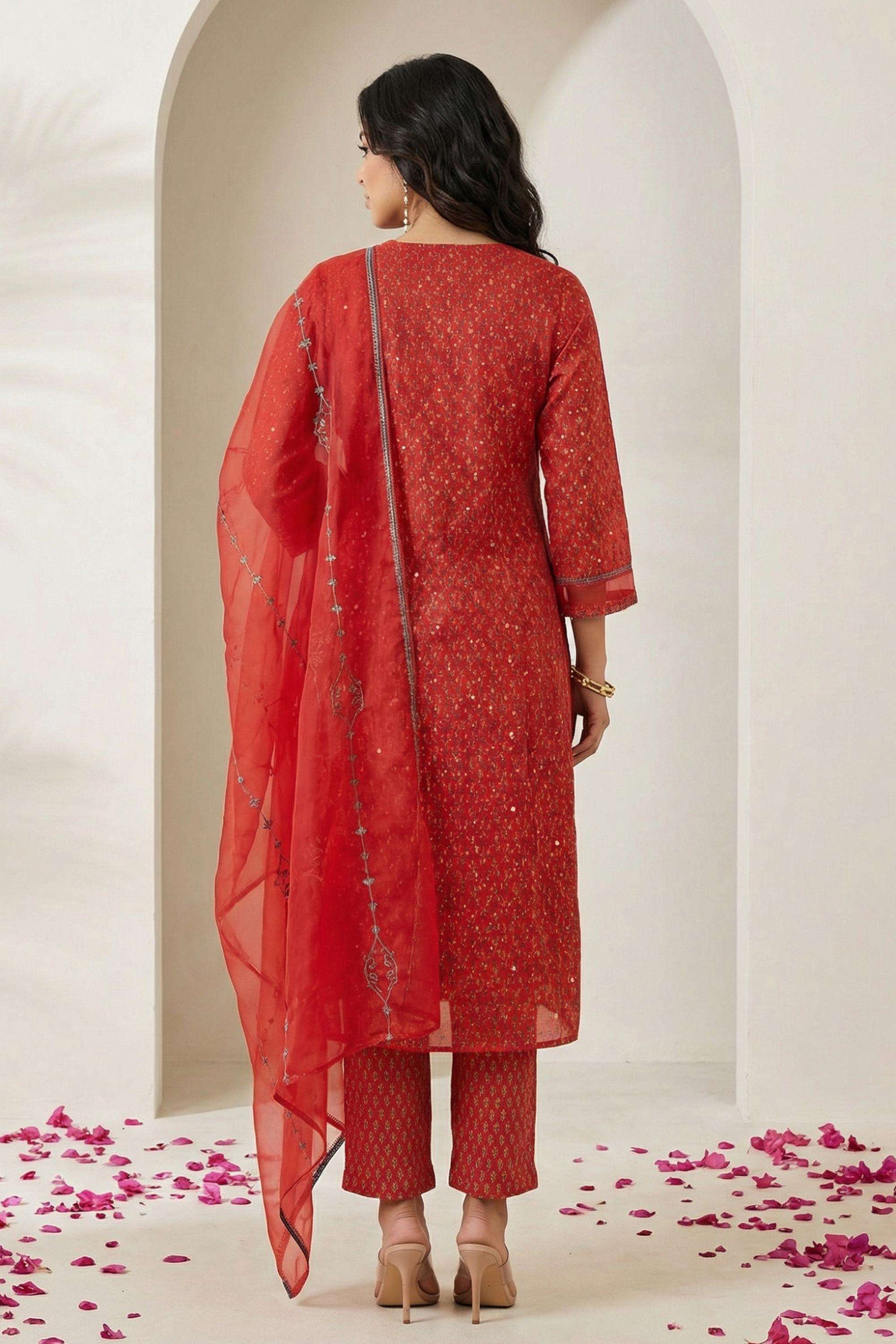 Floral-Chanderi-V-Neck-Women-s-Festive-Wear-Kurta-Set
