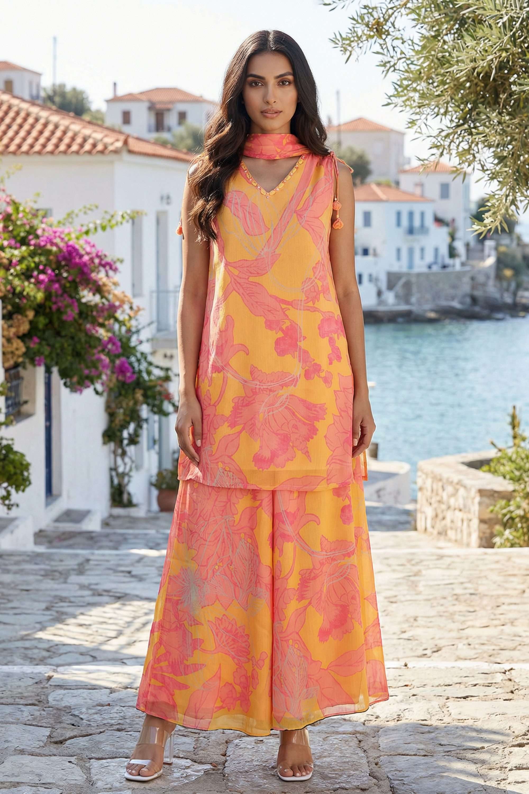 Printed-Blended-Fabric-V-Neck-Women-s-Festive-Wear-Kurta-Set