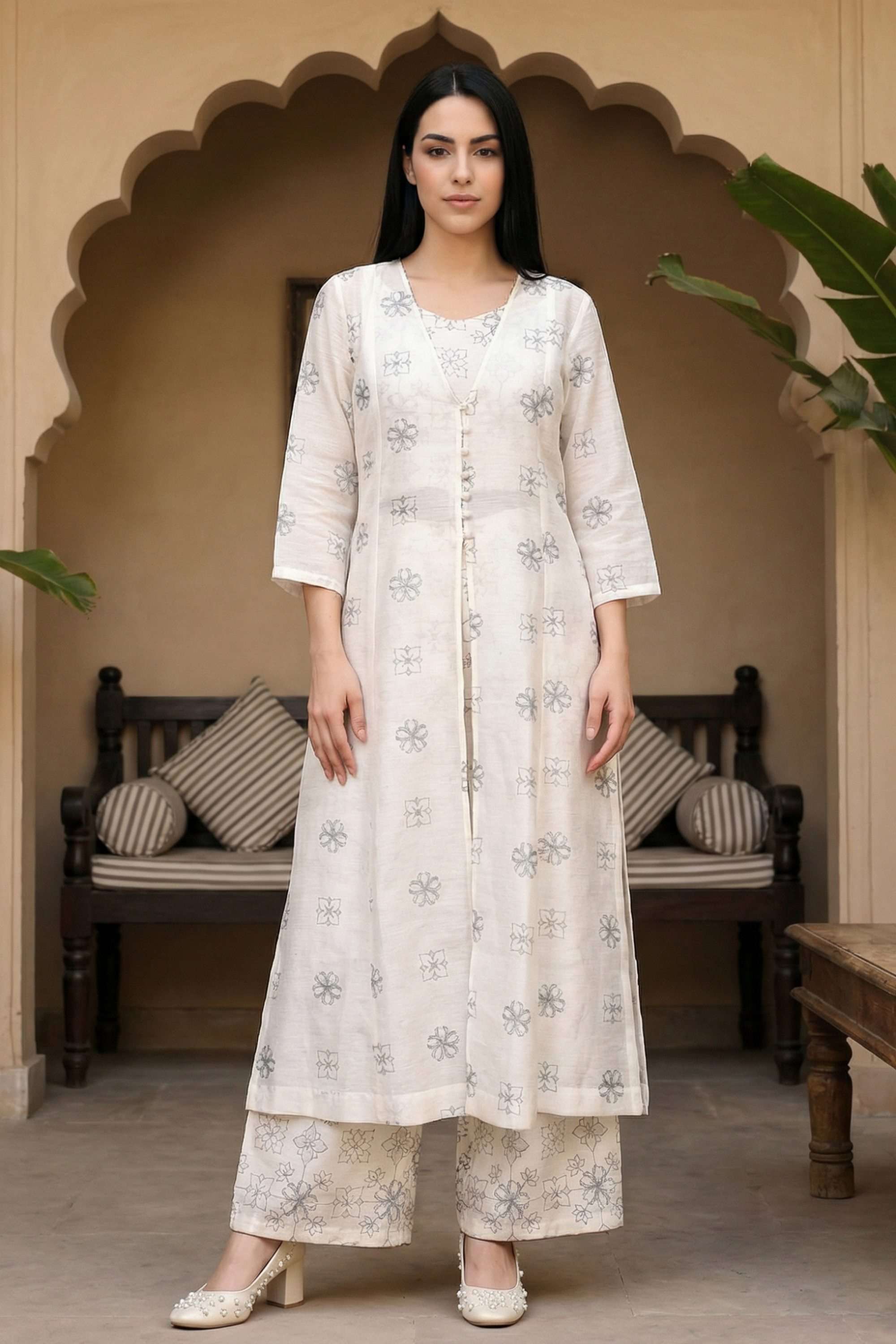 Printed-V-Neck-Blended-Fabric-Women-Kurta-Set