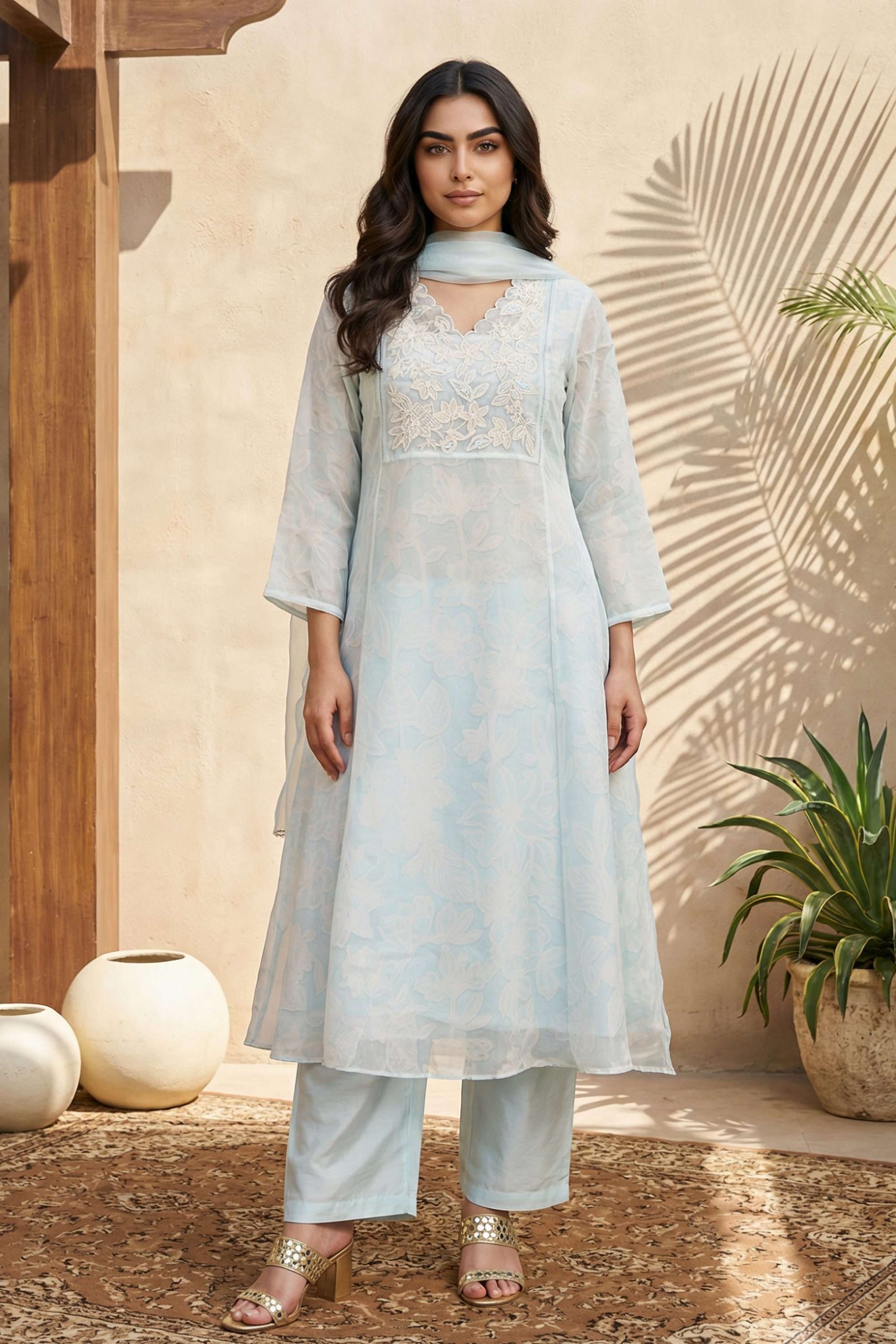 Printed-Blended-Fabric-V-Neck-Women-s-Festive-Wear-Kurta-Set