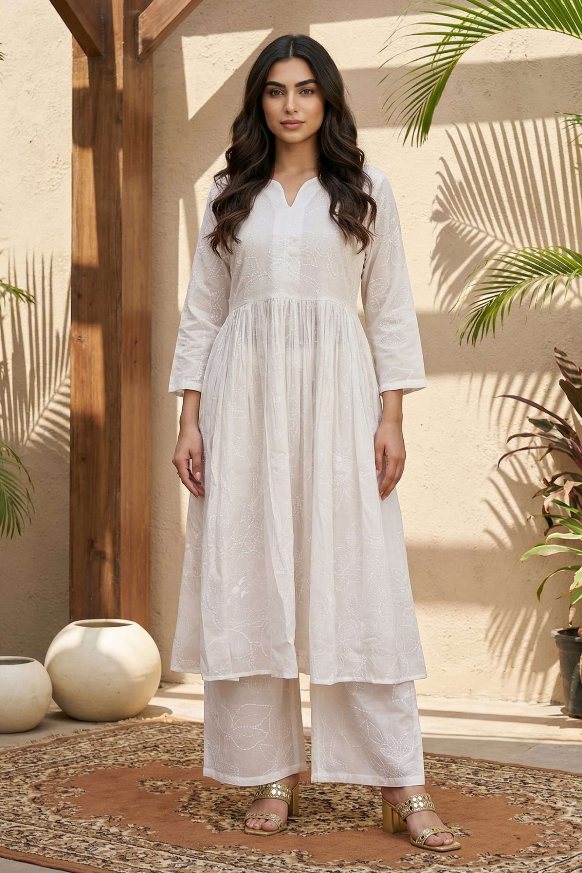 Textured-Blended-Fabric-V-Neck-Women-s-Festive-Wear-Kurta-Set