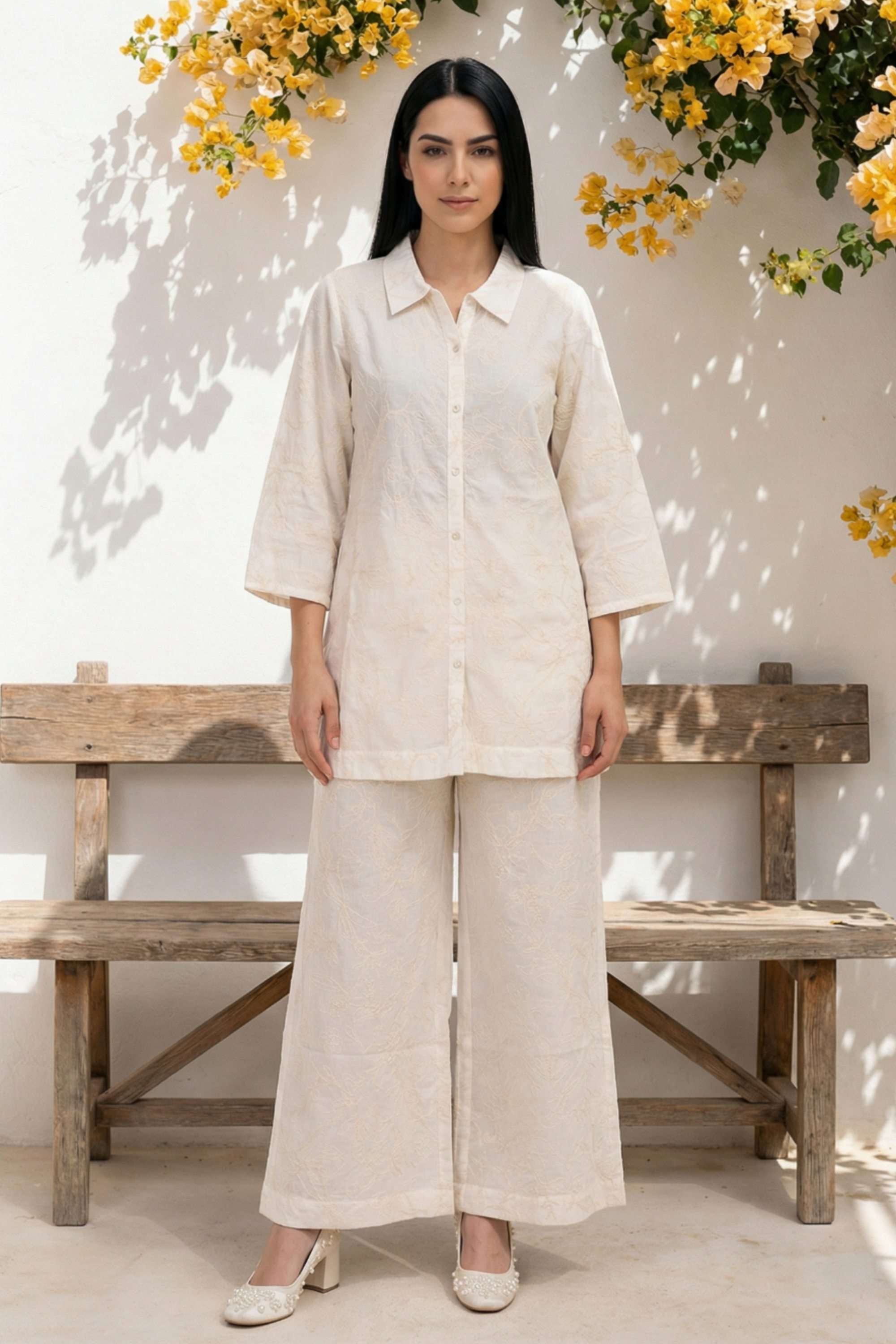 Embroidered-Blended-Fabric-Collared-Women-s-Casual-Wear-Co-Ord-Set