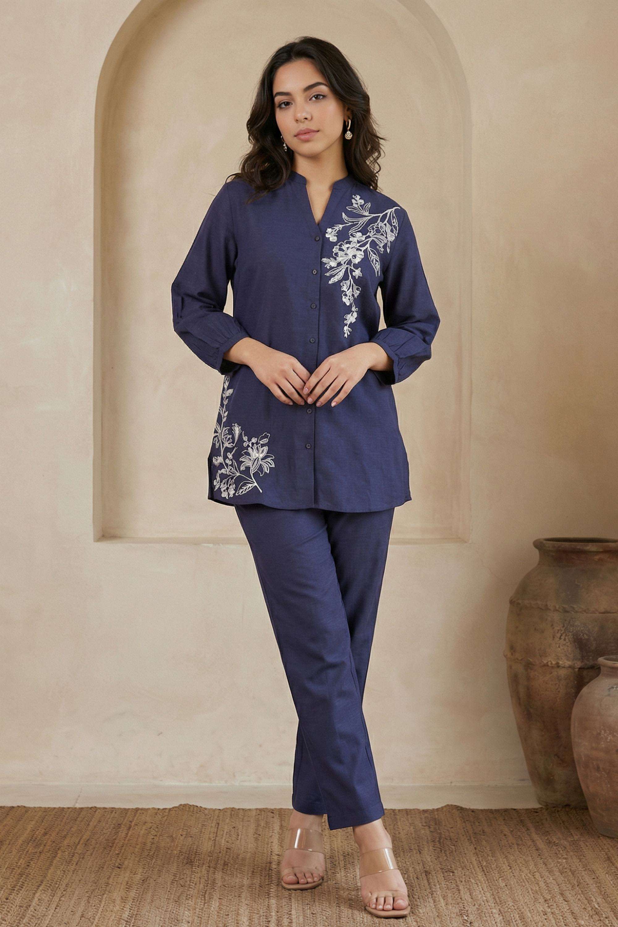Embroidered-Rayon-Round-Neck-Women-s-Casual-Wear-Co-Ord-Set