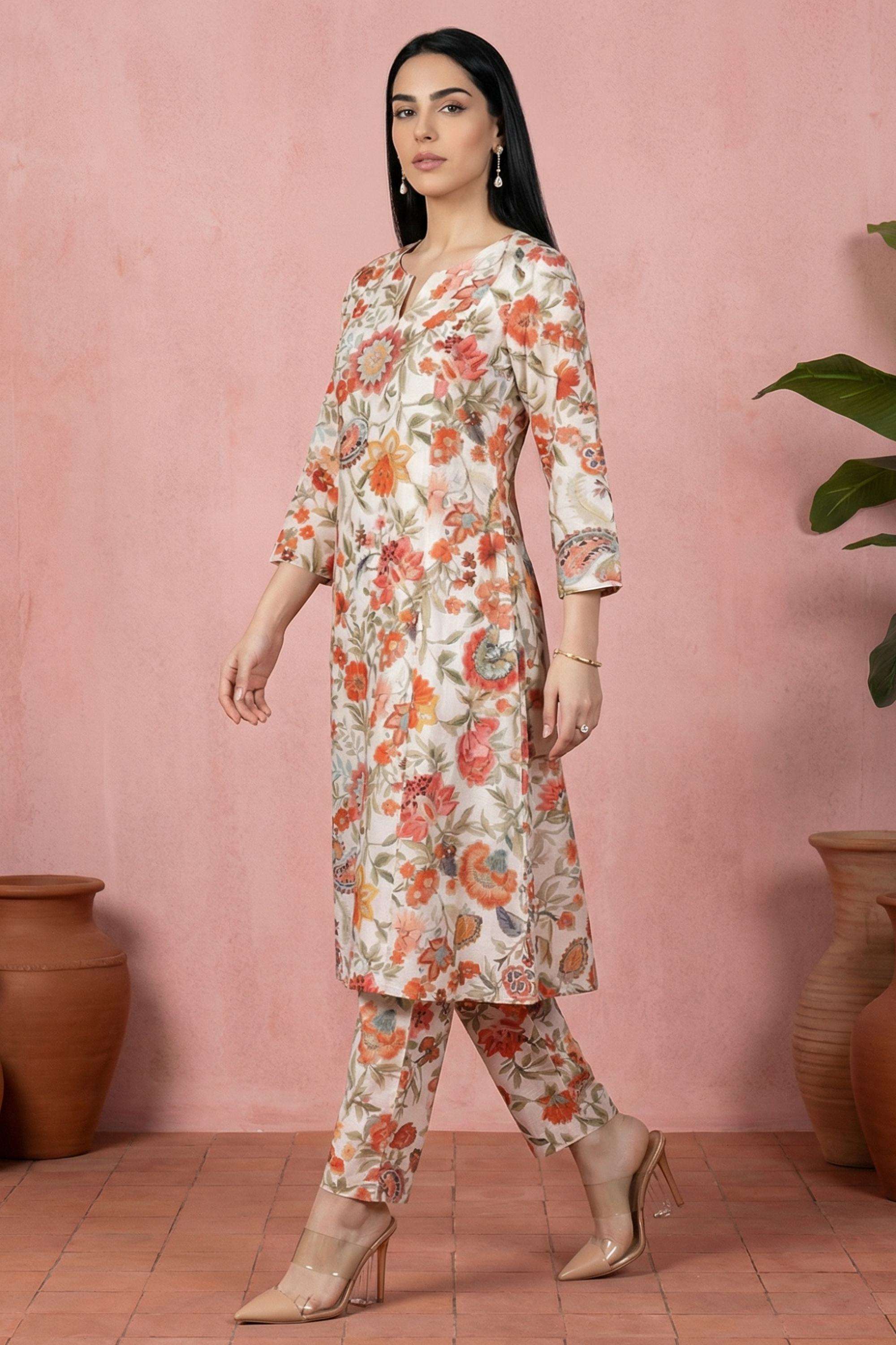 Floral-Blended-Fabric-Round-Neck-Women-s-Casual-Wear-Kurta
