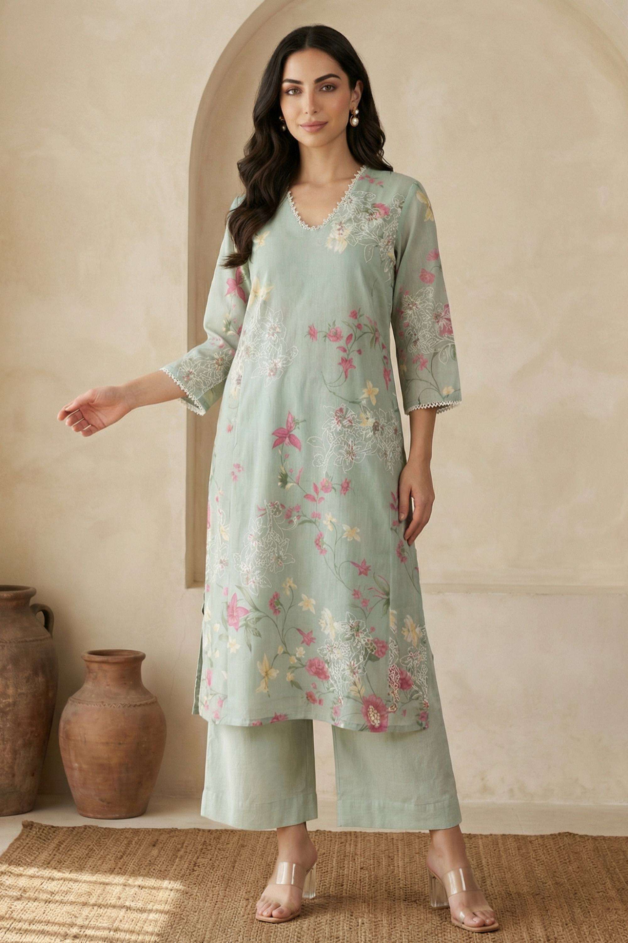 Floral-Chanderi-V-Neck-Women-s-Casual-Wear-Kurta