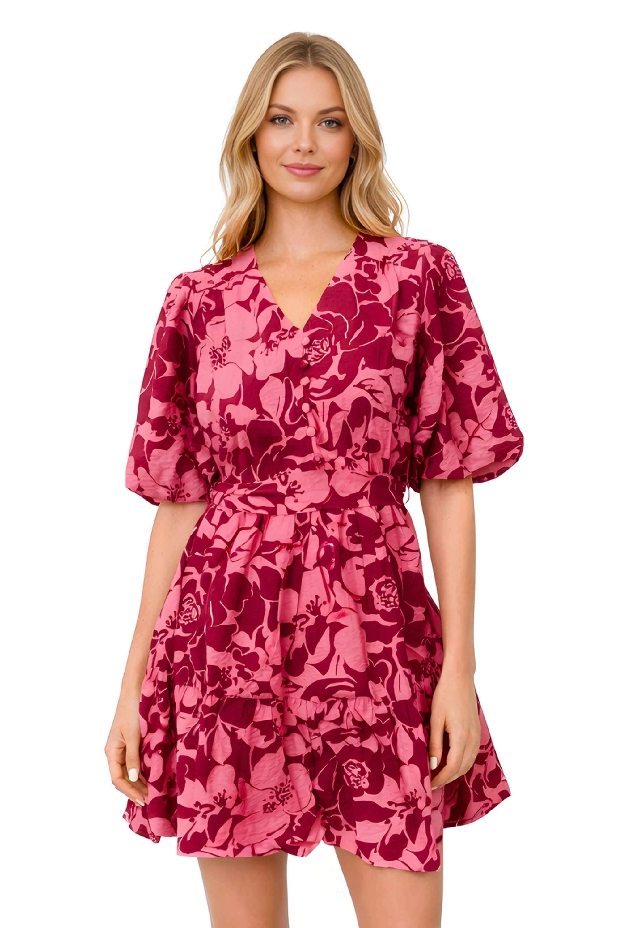 Printed-Blended-Fabric-V-Neck-Women-s-Dress