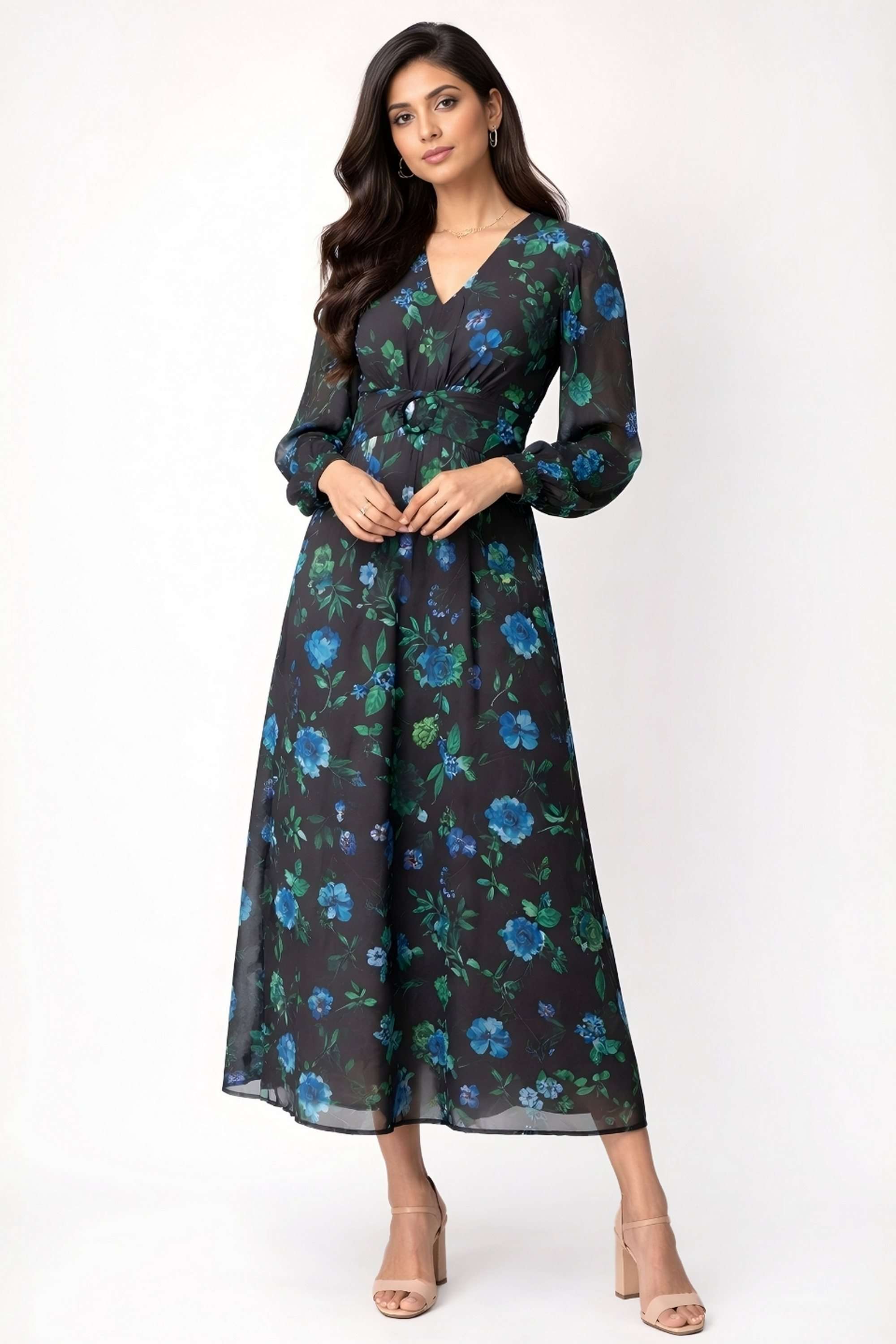 Floral-V-Neck-Polyester-Women-Dress