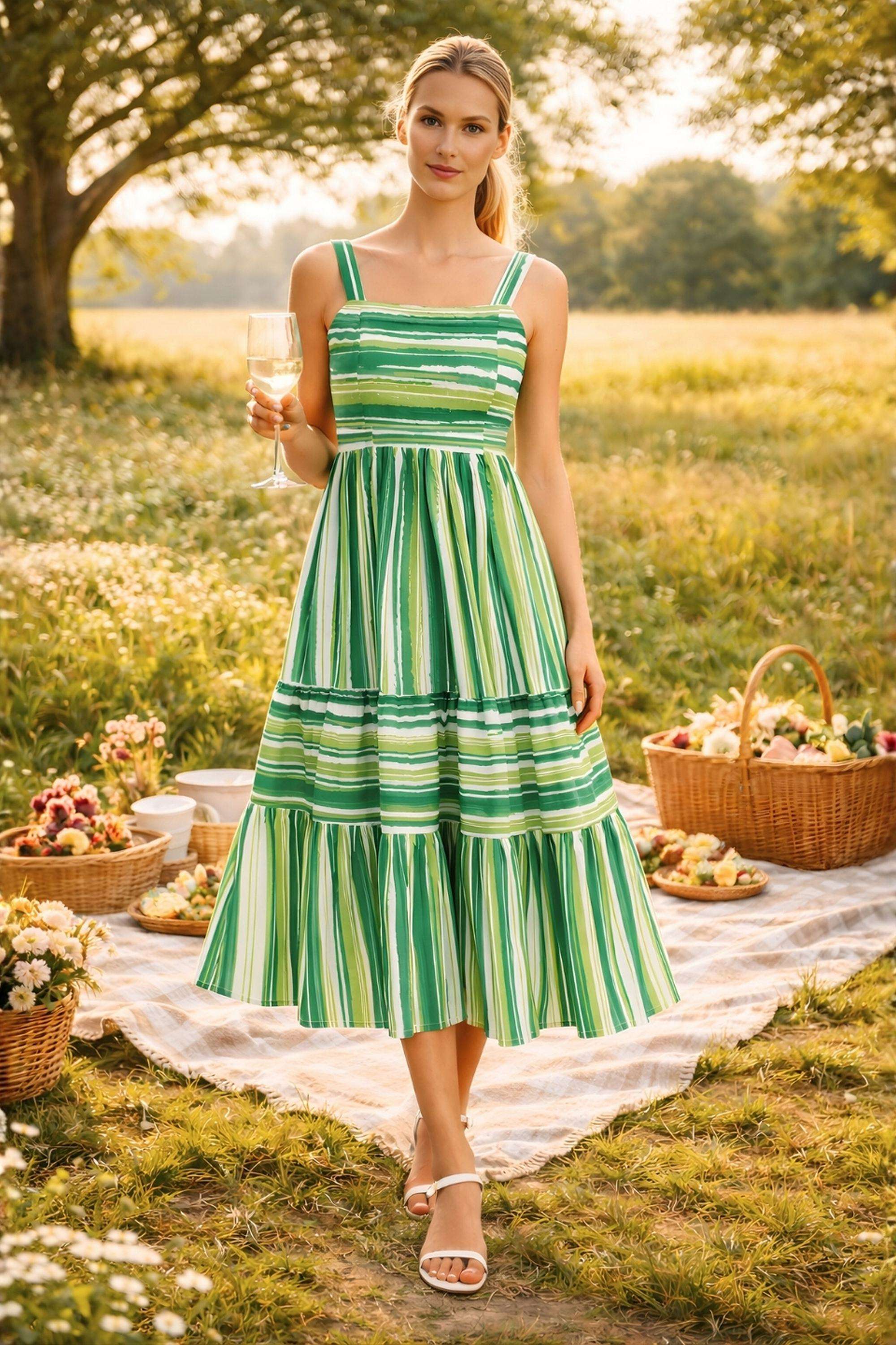 Stripes-Square-Neck-Polyester-Women-Dress