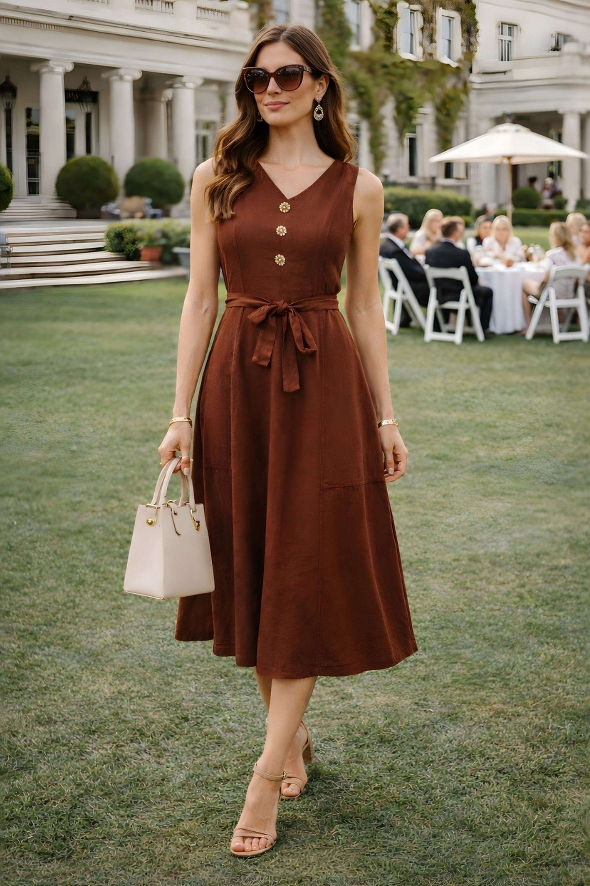 Solid-Blended-Fabric-V-Neck-Women-s-Dress